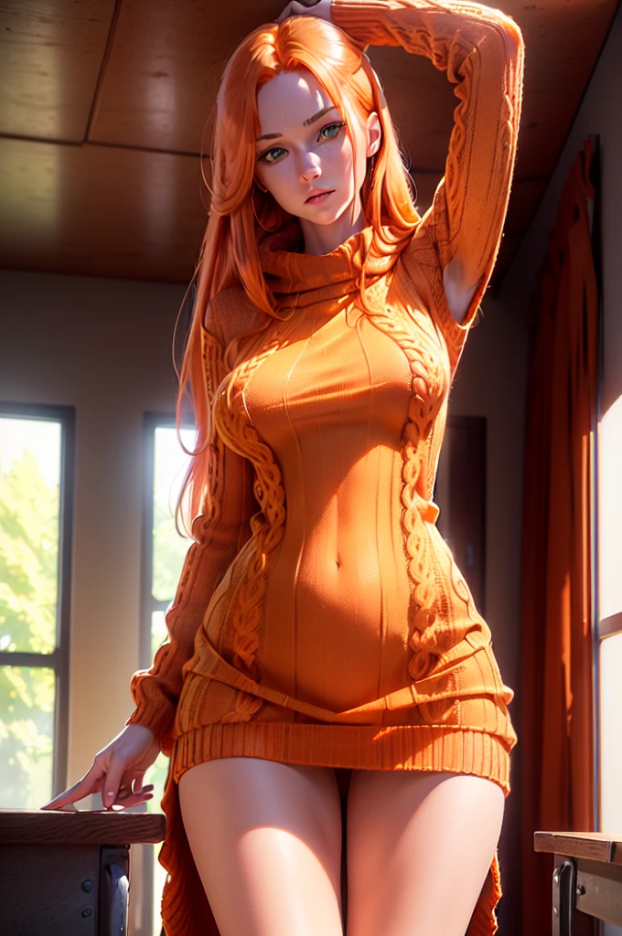 ((( photorealism ))) , (( 8k ultra resolution )) , (( HDR))), ((( natural lighting ))), (( tall woman )) , (( 20 years old )), ((( dress with a transparent red sweater ))), ((( no clothes under the sweater ))), medium bust, ((ultra realistic)), inside a classroom (( realistic )), classroom , (( long orange hair )) ,(( green eyes)), tanned skin (( ultra realistic)) , (( in provocative poses )).