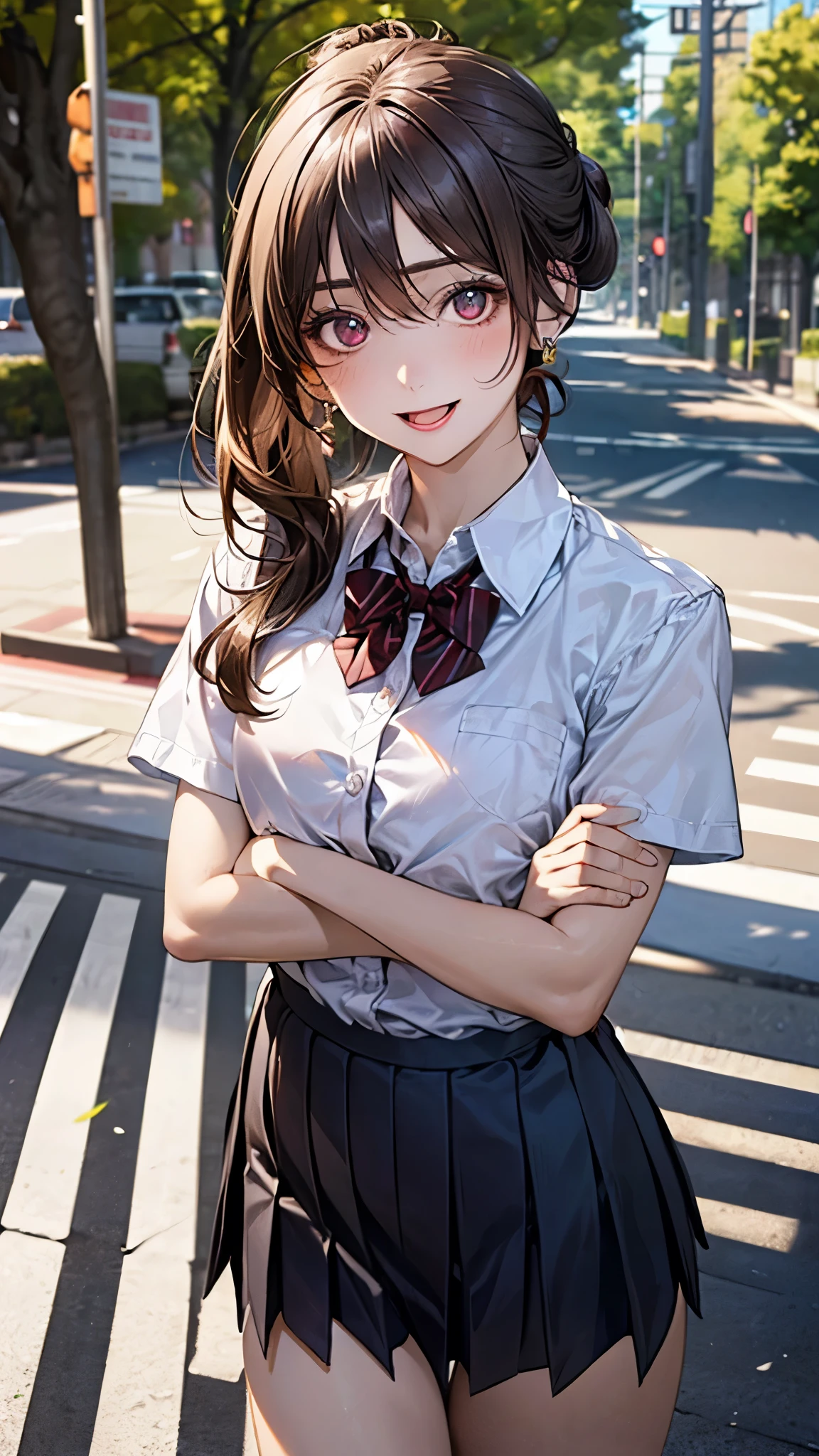 (masterpiece:1.2, top-quality), (realistic, photorealistic:1.4), beautiful illustration, (natural side lighting, movie lighting), depth of fields,
looking at viewer, upper body, face close-up, front view, 1 girl, 10 years old, (perfect anatomy, anatomically correct, super detailed skin), cute and symmetrical face, perfect face, perfect eyes,
(long hair, (chignon:1.5), dark brown hair), hair between eyes, maroon eyes, big eyes, long eye lasher, (medium breasts, thigh), perfect body, shiny skin,
beautiful detailed hair, beautiful detailed face, beautiful detailed eyes, beautiful clavicle, beautiful body, beautiful chest, beautiful thigh, beautiful legs, beautiful fingers,
(detailed cloth texture, break short sleeve white collared shirt, break navy pleated skirt, break dark red bow tie), break
(beautiful scenery), (tree-lined street:1.2), walking, (crossed arms), (lovely smile, open mouth),