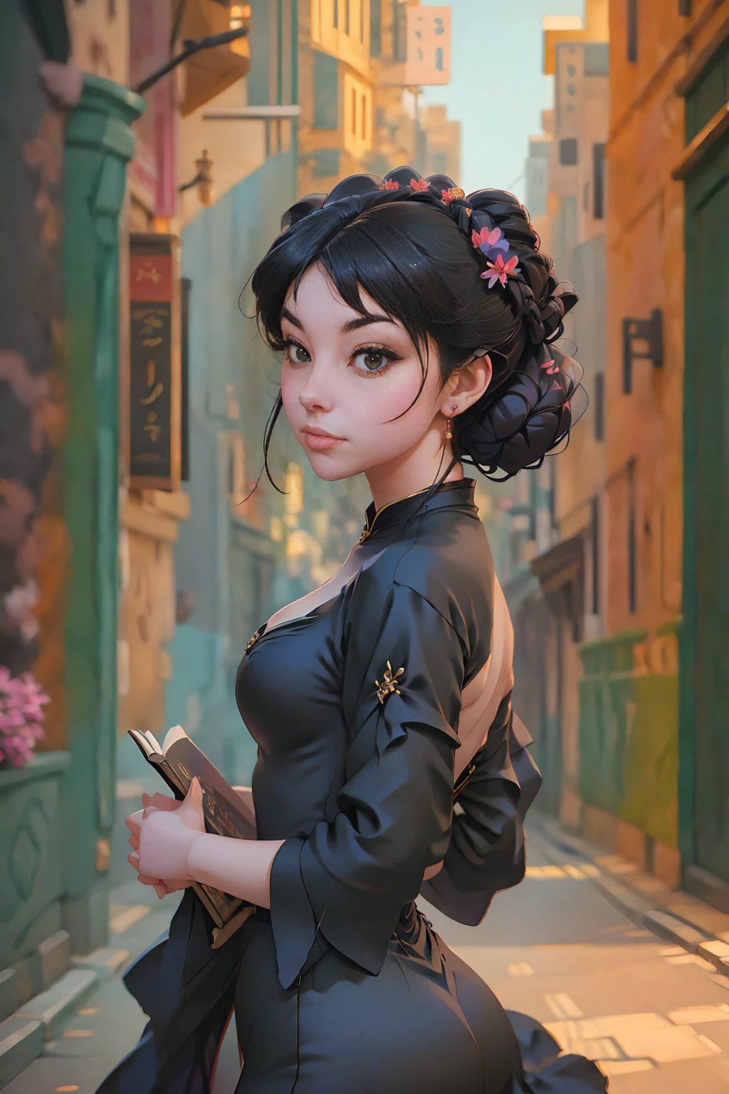 a painting of a woman in a black dress holding a book, a character portrait by Russell Dongjun Lu, Artstation, gothic art, artwork in the style of guweiz, guweiz on artstation pixiv, guweiz on pixiv artstation, 🌺 cgsociety, guweiz masterpiece, gothic princess portrait, cgsociety 4k”
