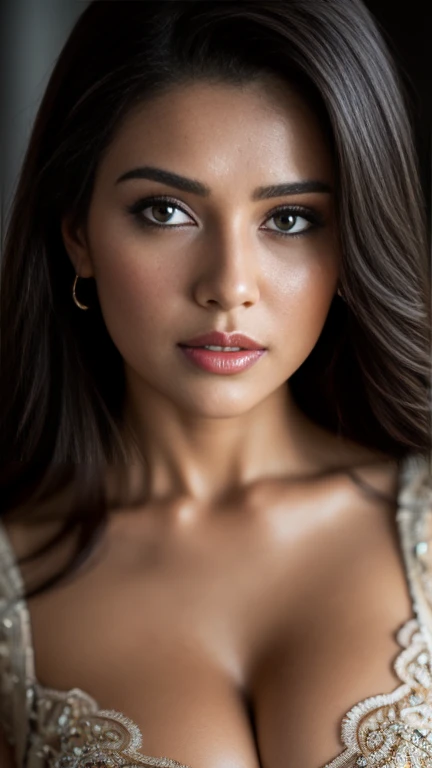 20 years old, Portrait of A confident-looking indian girl long flowing hair, (facing,90 degree to camera, looking at camera) hazel and brown big eyes, sitting on sofa, close up face, beautiful detailed nose, sexy detailed lips, (detailed skin texture), bokeh, perfect composition, hyperrealistic, super detailed, 8k, high quality, trending art, trending on artstation, sharp focus,  studio photo, intricate details, highly detailed, art by greg rutkowski, full face visible, Big brest nipple nice cleavage seductive poses red lips full body front face sexy nude 