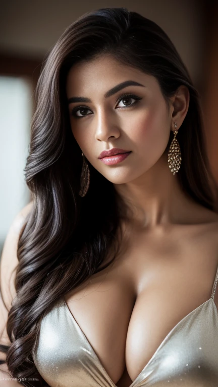 20 years old, Portrait of A confident-looking indian girl long flowing hair, (facing,90 degree to camera, looking at camera) hazel and brown big eyes, sitting on sofa, close up face, beautiful detailed nose, sexy detailed lips, (detailed skin texture), bokeh, perfect composition, hyperrealistic, super detailed, 8k, high quality, trending art, trending on artstation, sharp focus,  studio photo, intricate details, highly detailed, art by greg rutkowski, full face visible, Big brest nipple nice cleavage seductive poses red lips full body front face sexy nude 