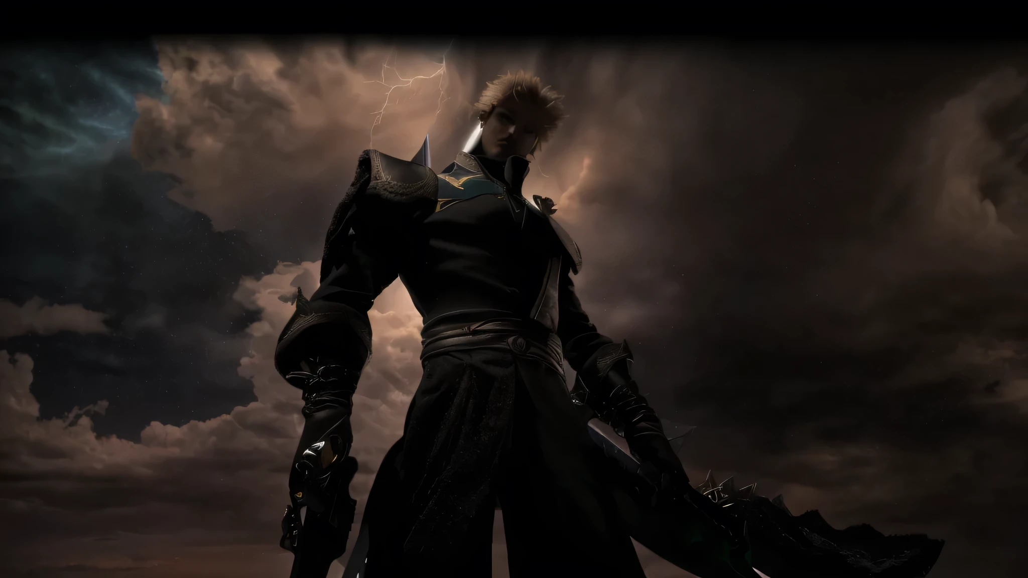 The Little Prince, as a tall male adult, holding dual swords, cold serious, cold anger, storm, dark, 4K