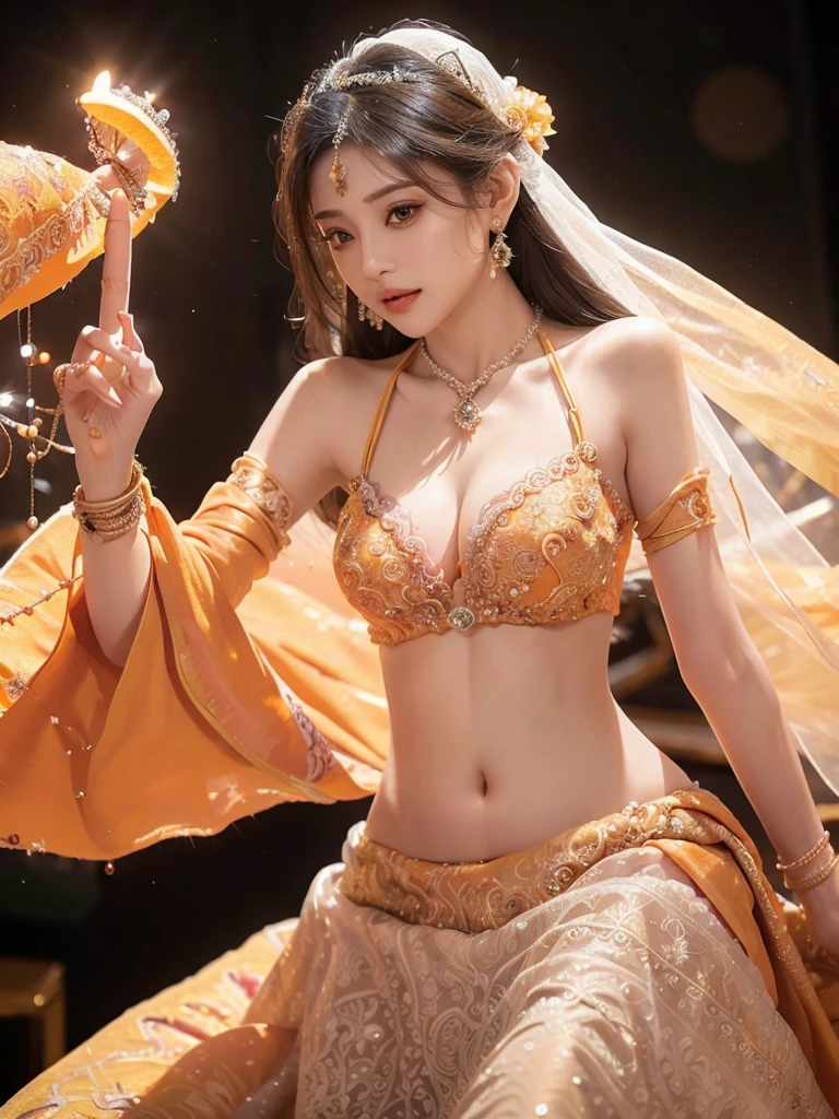 4K, UHD, masterpeice, 1 girl, good face, detailed eyes, detailed lips, very long hair, straight hair, very long hair, beautiful hair, hair ornaments, hairband, gradient hair, ((orange lehenga)), ((bridal lehenga)), ((decorated blouse)), sardine, ((ornament lehenga)), ((orange lace)), ((diamond bracelet)), ((pendant)), Pearl, ornaments, necklace, earring, high lighting, ((bare stomach)), ((in the wedding stage)), orange color, depth of field, ray tracing, ultra realistic detailed,