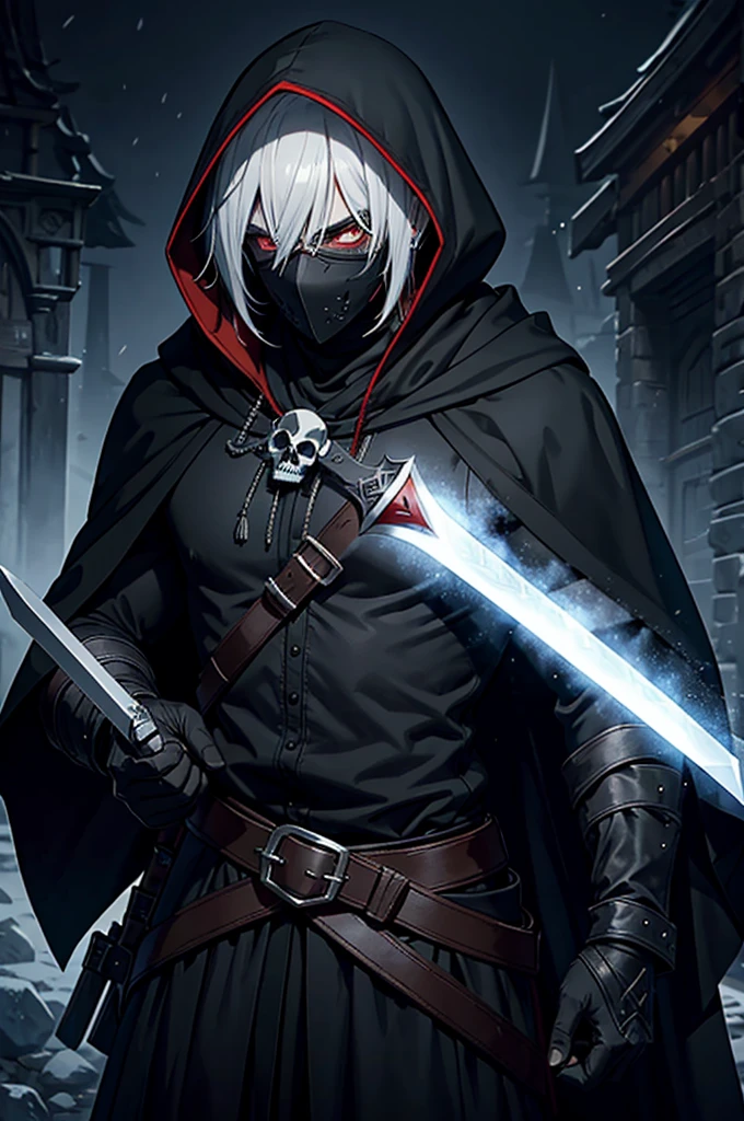An assassin, male, fantasy character, physically strong, wearing a skull mask covering his face and eyes, dressed in black medieval attire, with a white hooded cloak over it, gray hair, short hair, red eyes, holding a short sword, nighttime background.