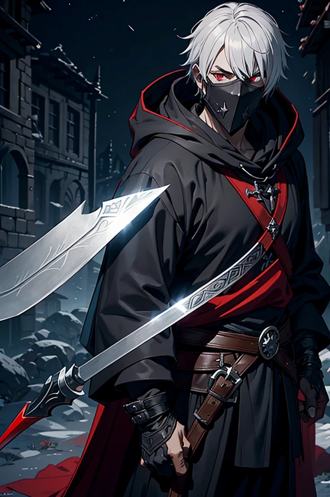An assassin, male, fantasy character, physically strong, wearing a skull mask covering his face and eyes, dressed in black medieval attire, with a white hooded cloak over it, gray hair, short hair, red eyes, holding a short sword, nighttime background.
