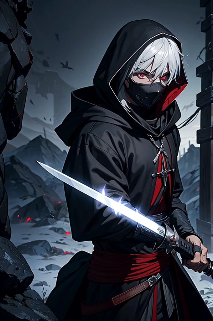 An assassin, male, fantasy character, physically strong, wearing a skull mask covering his face and eyes, dressed in black medieval attire, with a white hooded cloak over it, gray hair, short hair, red eyes, holding a short sword, nighttime background.