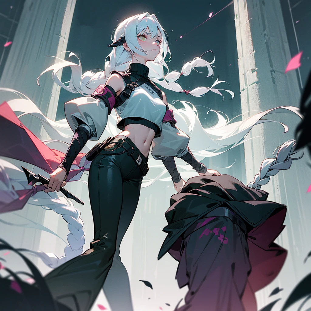 1female, sexy, young teen, finely detailed fluorescent rose eyes, wild long hair, braided hair, white color hair, adventurer gear, crop top sweater, baggy combat pants, night time, dark forest, somber expression, angry, flowers, standing on path, lanturns, black armband
