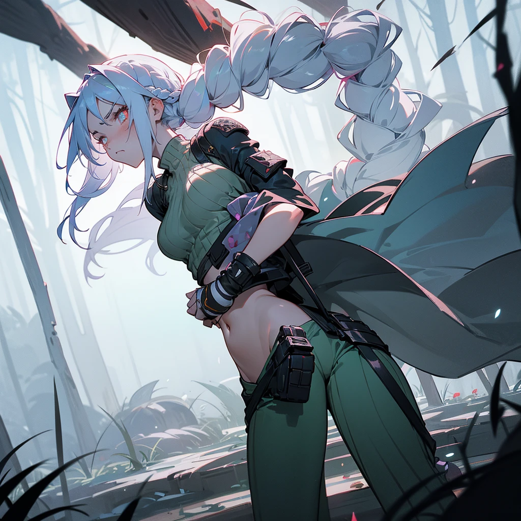 1female, sexy, young teen, finely detailed fluorescent rose eyes, wild long hair, braided hair, white color hair, adventurer gear, crop top sweater, baggy combat pants, night time, dark forest, somber expression, angry, flowers, standing on path, lanturns, black armband