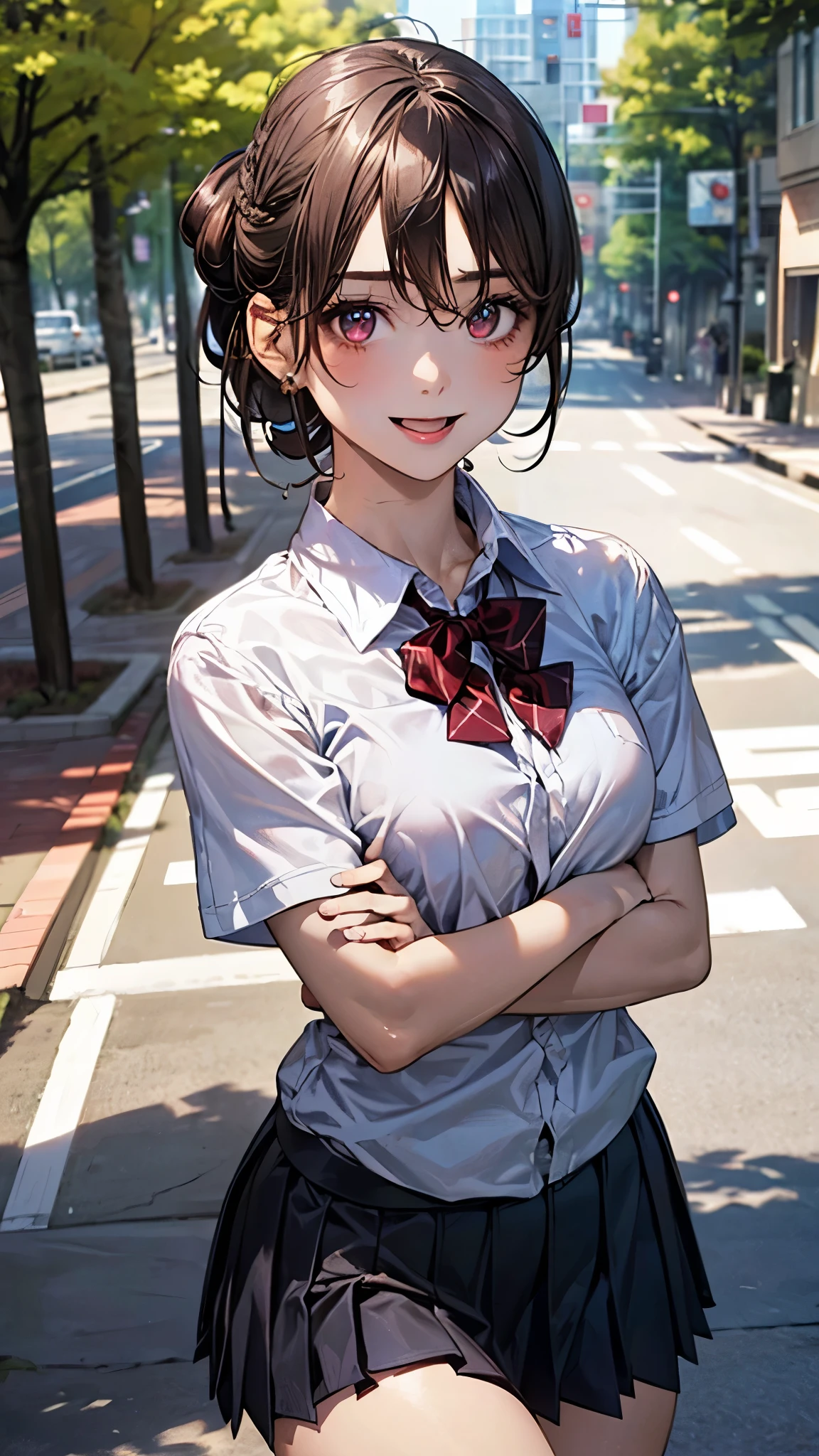(masterpiece:1.2, top-quality), (realistic, photorealistic:1.4), beautiful illustration, (natural side lighting, movie lighting), depth of fields, 
looking at viewer, upper body, face close-up, front view, 1 girl, 10 years old, (perfect anatomy, anatomically correct, super detailed skin), cute and symmetrical face, perfect face, perfect eyes, 
(long hair, (chignon:1.5), dark brown hair), hair between eyes, maroon eyes, big eyes, long eye lasher, (medium breasts, thigh), perfect body, shiny skin, 
beautiful detailed hair, beautiful detailed face, beautiful detailed eyes, beautiful clavicle, beautiful body, beautiful chest, beautiful thigh, beautiful legs, beautiful fingers, 
(detailed cloth texture, break short sleeve white collared shirt, break navy pleated skirt, break dark red bow tie), break 
(beautiful scenery), (tree-lined street:1.2), walking, (crossed arms), (lovely smile, open mouth),