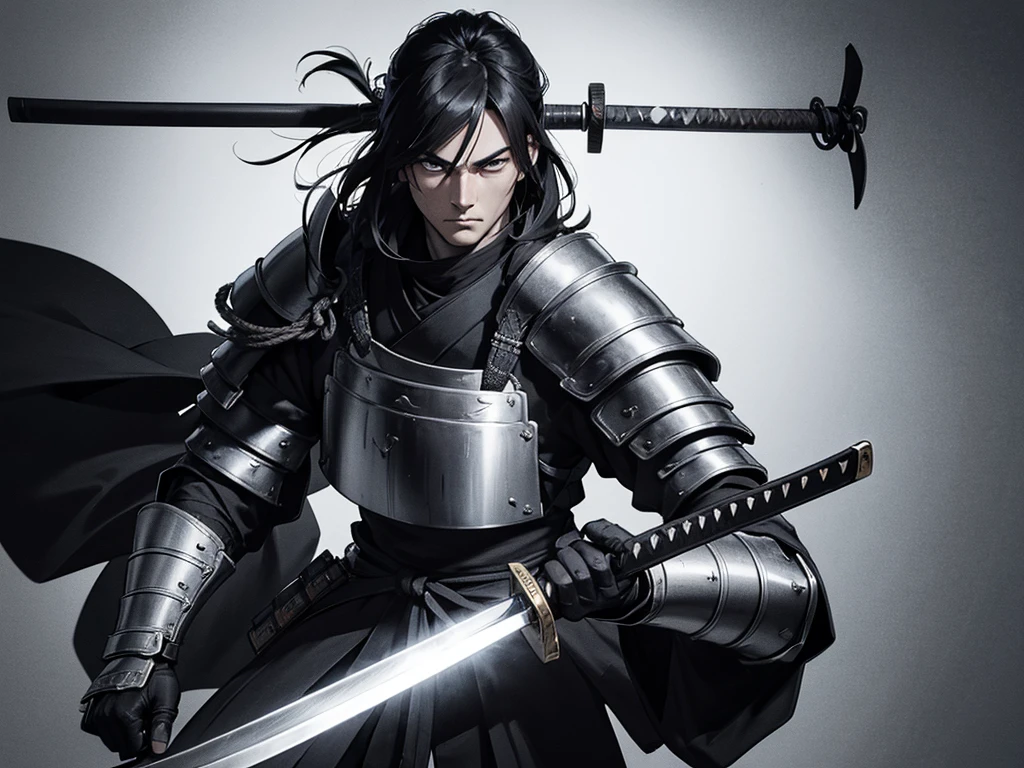 an austere-looking man, with light and practical armor, poised for battle. His eyes show the experience and honor of a true samurai, and your ancestral katana is an extension of your own being. black and white manga style