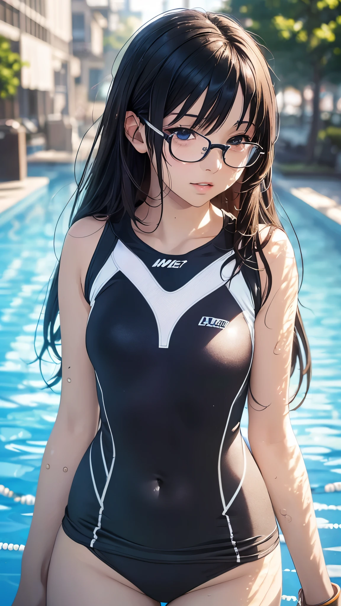 (highest quality,4K,8K,High resolution,table top:1.2), super detailed, (realistic,photorealistic,photo-realistic:1.37),((full body)), Unfortunate,Glasses,((black hair)), ((long hair)),((swimming wear)),beautiful and fine eyes, beautiful detailed lips, highly detailed eyes and face, long eyelashes, realistic anime 3D style, Smooth anime CG art, Digital rendering by Makoto Shinkai, Moe anime art style, photorealistic rendering of an anime girl, Shinkai Makoto style, Cute anime girl visuals, realistic young anime girl, girl fan art, Created by Anime Artist'studio of.