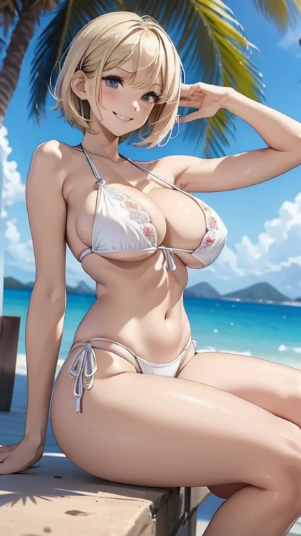 beautiful detailed girl, sexy long white sling bikini, smile, short hair, blonde hair, slender, Pose with hands together, Youthful expression, large breast, massive cleavage exposed, huge buttock, sitting on top of sport car