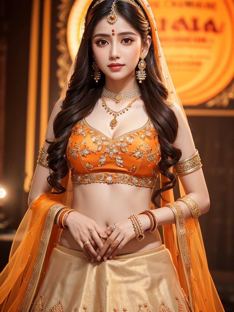 4K, UHD, masterpeice, 1 girl, good face, detailed eyes, detailed lips, very long hair, straight hair, very long hair, beautiful hair, hair ornaments, hairband, gradient hair, ((orange lehenga)), ((bridal lehenga)), ((decorated blouse)), sardine, ((ornament lehenga)), ((orange lace)), ((diamond bracelet)), ((pendant)), Pearl, ornaments, necklace, earring, high lighting, ((bare stomach)), ((in the wedding stage)), orange color, depth of field, ray tracing, ultra realistic detailed,