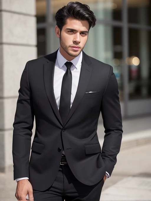 Best quality, masterpiece, ultra high res, (photorealistic:1.4), raw photo, young handsome male, black hair, looks like a business man, wearing suit,