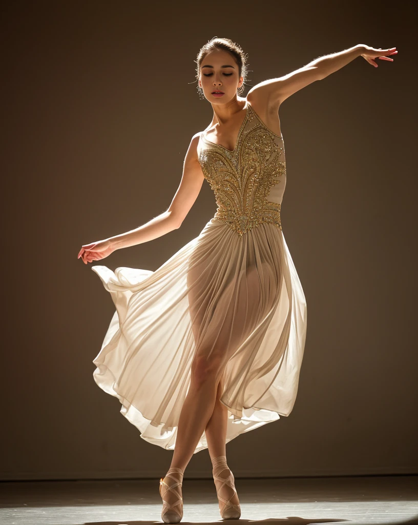 a beautiful female dancer, graceful dance pose, long flowing dress, elegant ballet dancer, detailed facial features, intricate ballet moves, dramatic lighting, cinematic composition, warm color palette, glowing skin, volumetric lighting, photorealistic, masterpiece, (best quality,4k,8k,highres,masterpiece:1.2),ultra-detailed,(realistic,photorealistic,photo-realistic:1.37)