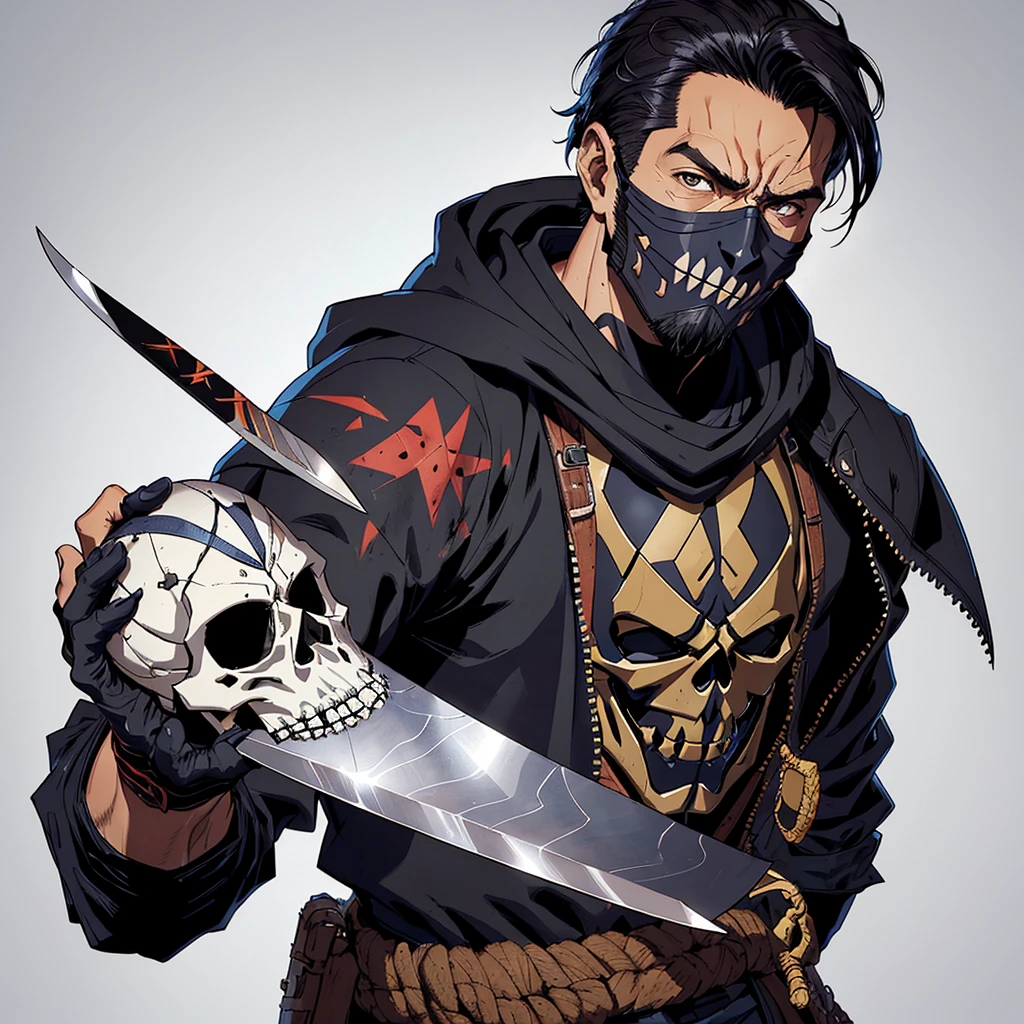 ((scull mask)),a close up of a person holding a knife in a desert, assassin, murderous sinistro, mk ninja, thief warrior, guillem h.. pongiluppi, assassins, O murderous onipotente, Artgerm Craig Mullins, murderous, Artgerm e Craig Mullins, mystical ninja, vigilante mask,gray background,((simple background))