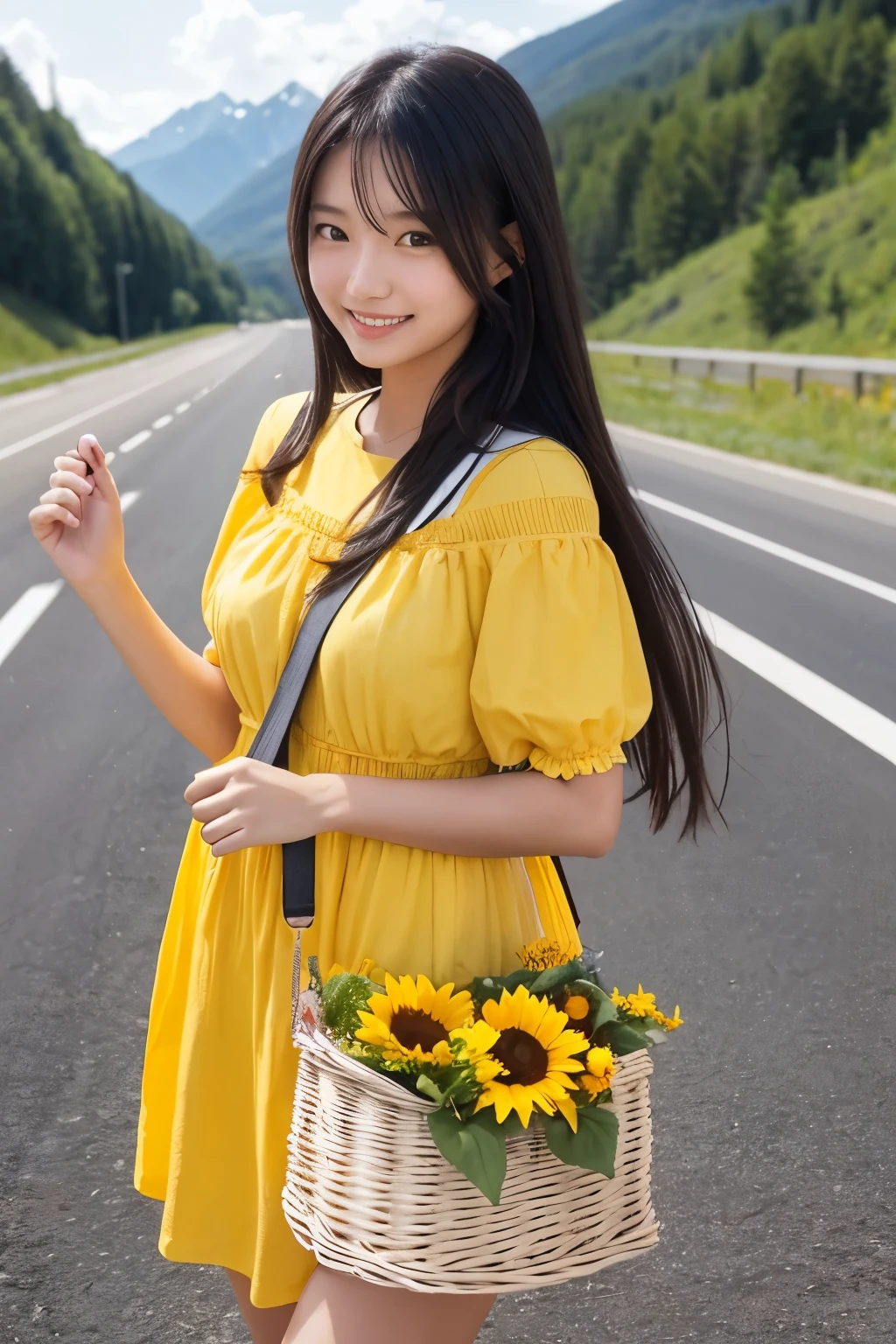 Best picture quality,Cute and beautiful girl in her 20s,Long black hair,Neat,Summer,Sunflowers are blooming on the roadside,Guessing girl style,She is smiling with a basket bag in her right hand,She is wearing a yellow dress,Summer mountains can be seen in the background,Girl is in the middle of the image,Girl is in the middle of the image,Paved road,Girl is larger image, 