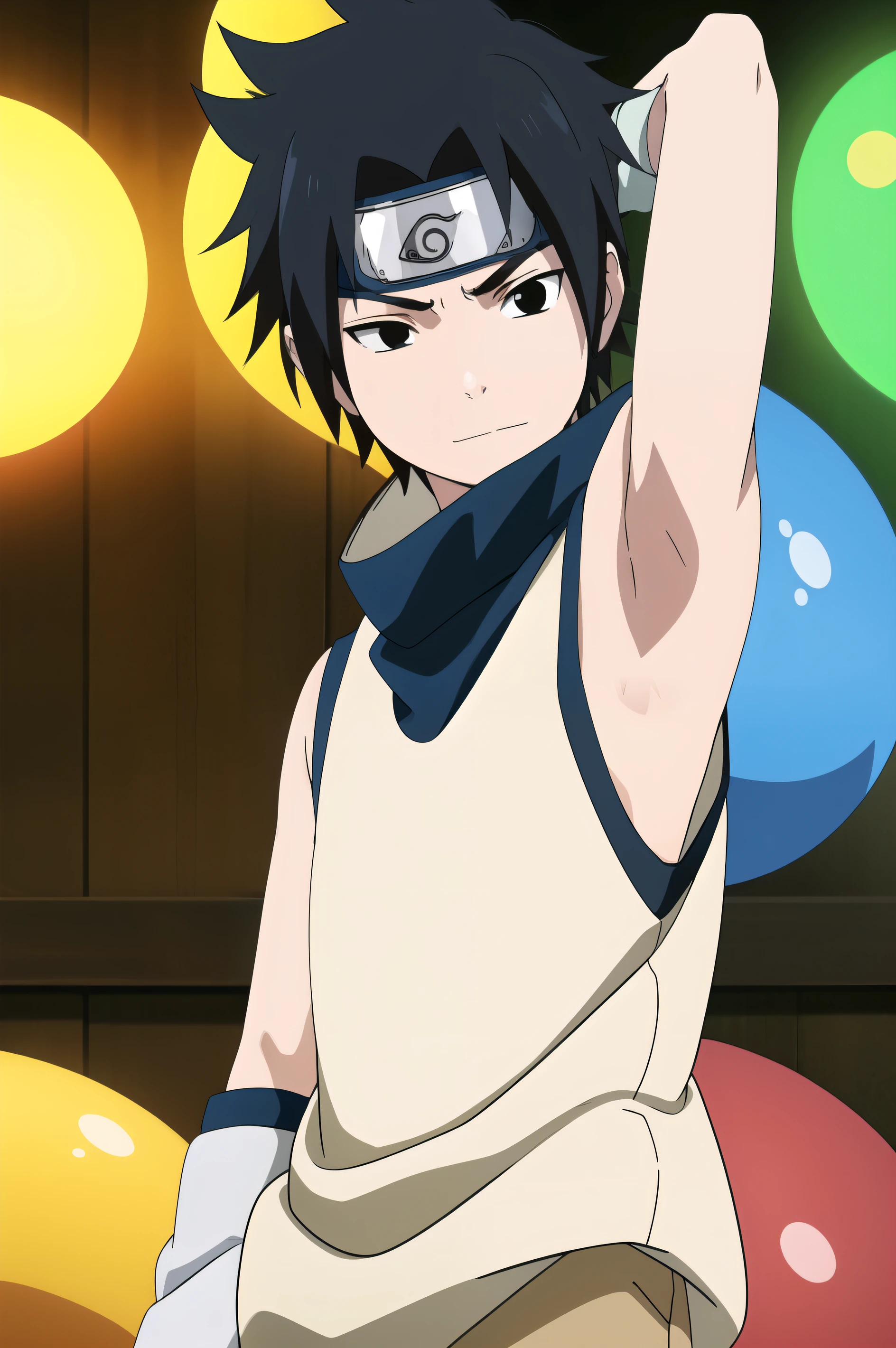 Highres, Masterpiece, Best quality at best,Best Quality,hight quality, hight detailed, Anime style, 1boy, Boy, Shota, Solo person, Uchiha sasuke, black hair, black eyes, forehead protector, young boy, Upper body, Sleeveless vest, bare shoulder, day, Slim body, smile, earring, Body, Simple beckground, Seen from the front, age 12, (Showing armpit:1.3), (very young boy), (Very small and short body), uhd, Bokeh