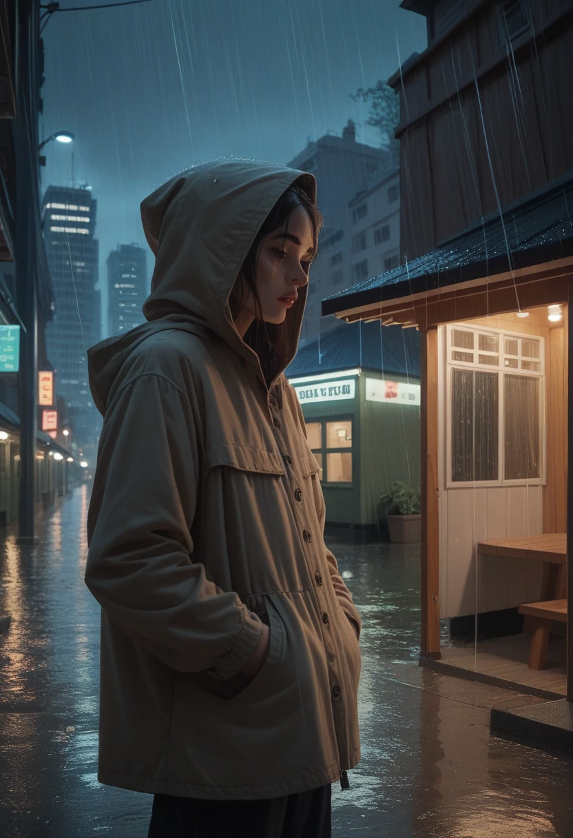 1 chico,city at night,rain,shelter,hands in pockets