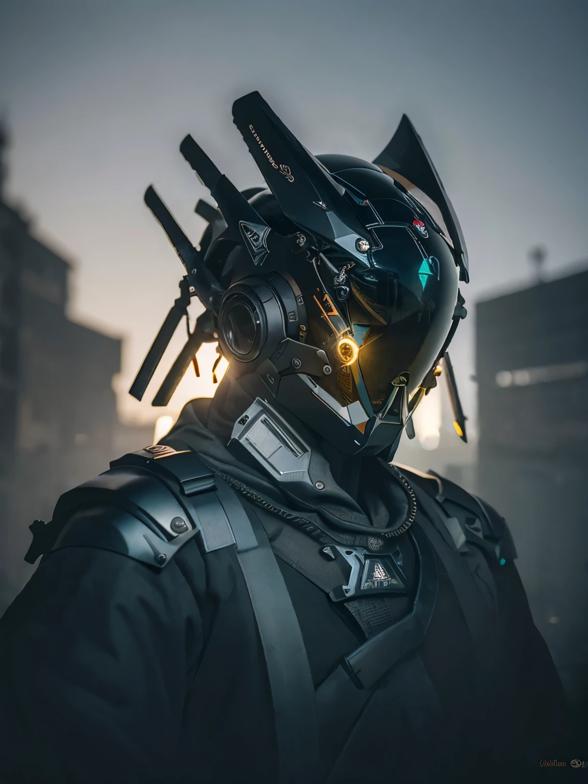 (Rainy days:1.3), Dark theme, Dark cloud, Raiden, being realistic, Ultra detailed complex 3D render of a, The best quality, masterpiece, ultra high resolution, cowboy lens, (being realistic:1.4), RAW Photographer, official art, (close up neckline, shallow focus:1.5), complex background, absurderes, blurred, pure atmosphere, From the side Side, dynamic angle, ((Armed with both hands)), shiny gold, Network helmets, giant mecha, droid, armor, machine arm, Science fiction,without humans,(wearing a tattered cloak),Stand on the ruins of the old square after the Radiological War.,Damaged buildings everywhere,gunpowder smoke,karo,led,Cowboys