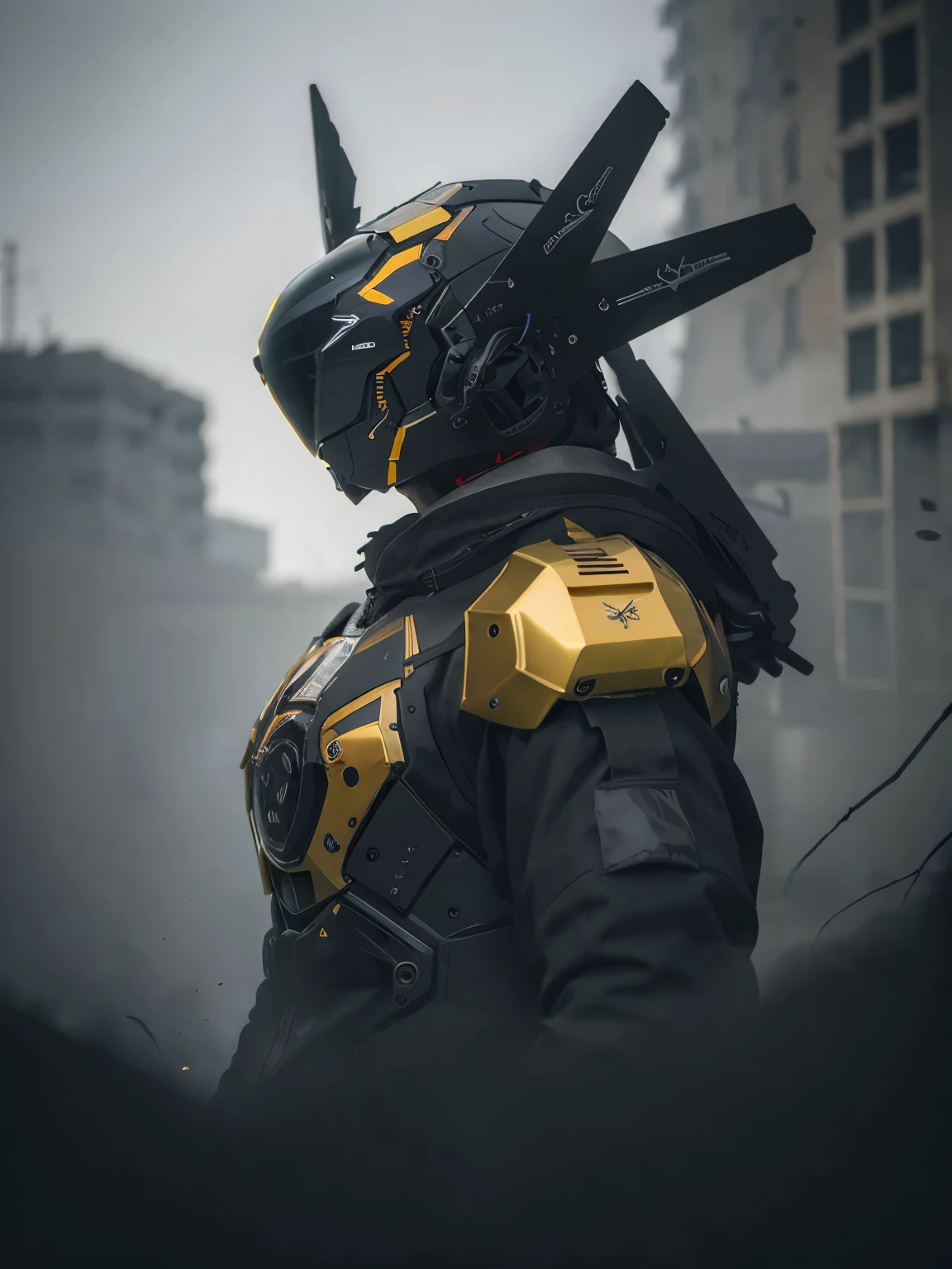 (Rainy days:1.3), Dark theme, Dark cloud, Raiden, being realistic, Ultra detailed complex 3D render of a, The best quality, masterpiece, ultra high resolution, cowboy lens, (being realistic:1.4), RAW Photographer, official art, (close up neckline, shallow focus:1.5), complex background, absurderes, blurred, pure atmosphere, From the side Side, dynamic angle, ((Armed with both hands)), shiny gold, Network helmets, giant mecha, droid, armor, machine arm, Science fiction,without humans,(wearing a tattered cloak),Stand on the ruins of the old square after the Radiological War.,Damaged buildings everywhere,gunpowder smoke,karo,led,Cowboys