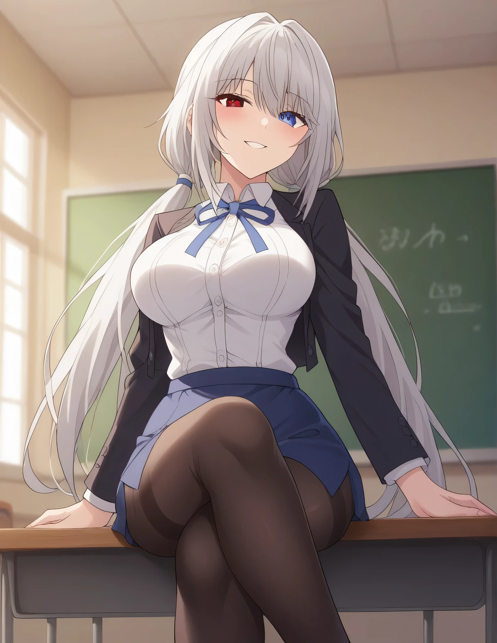 1girl, solo, long hair, breasts, looking at viewer, blush, smile, bangs, skirt, large breasts, blazer, shirt, heterochromia, red eyes, blue eyes, long sleeves, multicoloured eyes, ribbon, twintails, medium breasts, sitting, black blazer, white shirt, white hair, streaked hair, pantyhose, parted lips, day, collared shirt, indoors, hand up, black skirt, hair over one eye, grin, blue skirt, black pantyhose, window, dress shirt, neck ribbon, low twintails, from below, crossed legs, blue ribbon, desk, pencil skirt, thighband pantyhose, classroom, chalkboard, on desk, sitting on desk, (masterpiece), best quality, high resolution, unity 8k wallpaper, (illustration), (beautiful detailed eyes), extremely detailed face, perfect lighting, extremely detailed CG, (perfect hands, perfect anatomy), (masterpiece), best quality, high resolution, unity 8k wallpaper, (illustration), (beautiful detailed eyes), extremely detailed face, perfect lighting, extremely detailed CG, (perfect hands, perfect anatomy),