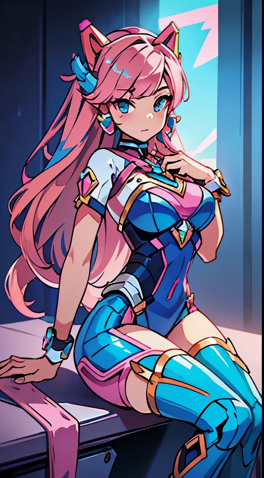 Best Quality，tmasterpiece，ultimate resolution，Suave，extremely colorful，Color, empty eyes, mermaid princess，(D.Va from overwatch wearing her original blue suit:1.4)，Black stockings，Starrysky Android!,More detailed 8K.unreal engine:1.4,UHD,La Best Quality:1.4, photorealistic:1.4, skin texture:1.4, masterpiece:1.8,first work, Best Quality,object object], (detailed face features:1.3),(Blue Robotic Laboratory:1.4),(long pink hair:1.4),（Beautiful and detailed eye description）,(hands:1.4)