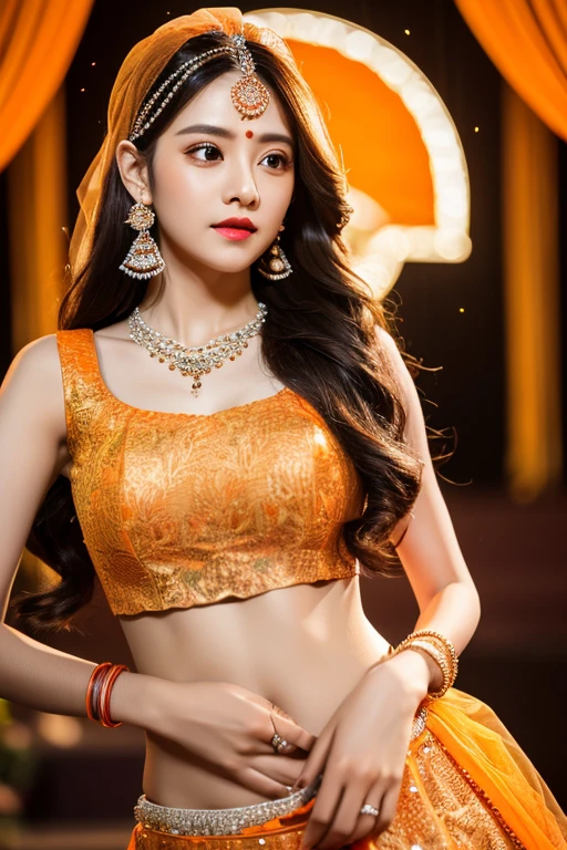 4K, UHD, masterpeice, 1 girl, good face, detailed eyes, detailed lips, very long hair, straight hair, very long hair, beautiful hair, hair ornaments, hairband, gradient hair, ((orange lehenga)), ((bridal lehenga)), ((decorated blouse)), sardine, ((ornament lehenga)), ((orange lace)), ((diamond bracelet)), ((pendant)), Pearl, ornaments, necklace, earring, high lighting, ((bare stomach)), ((in the wedding stage)), orange color, depth of field, ray tracing, ultra realistic detailed,