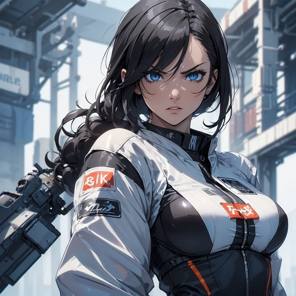 (((masterpiece))),(((High resolution)))、(((8K)))、(((beautiful woman racer))), ((racing suit)), ((top quality eyes)), ((detailed face)), ((detailed texture)), short black hair, blue eyes, angry face, space station, look at the camera