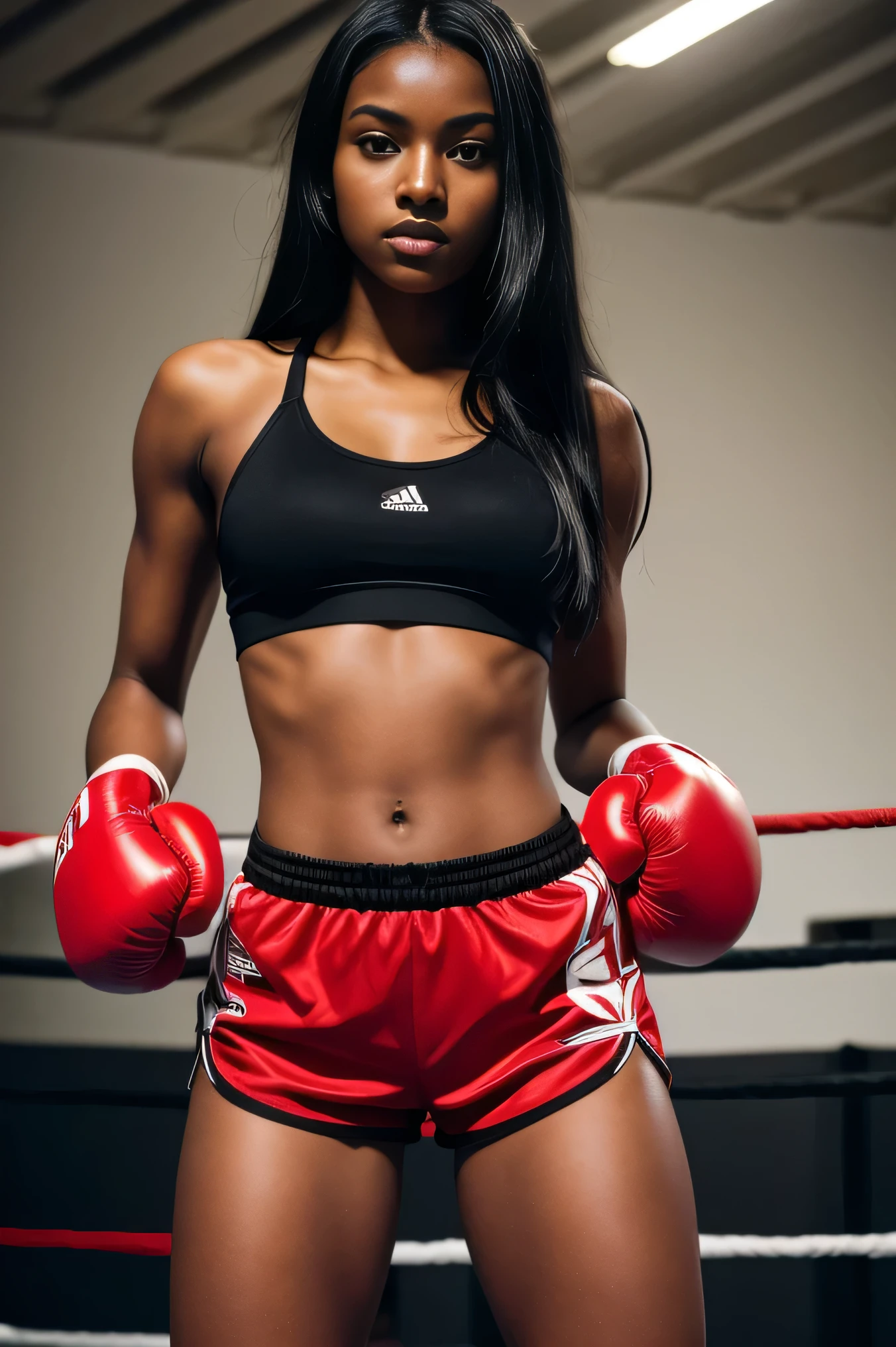 Masterpiece, 18 year old girl, Dark-skinned, long black hair, wearing a red sports bra, short shorts, red boxing gloves, in a boxing ring, fighting a blonde girl