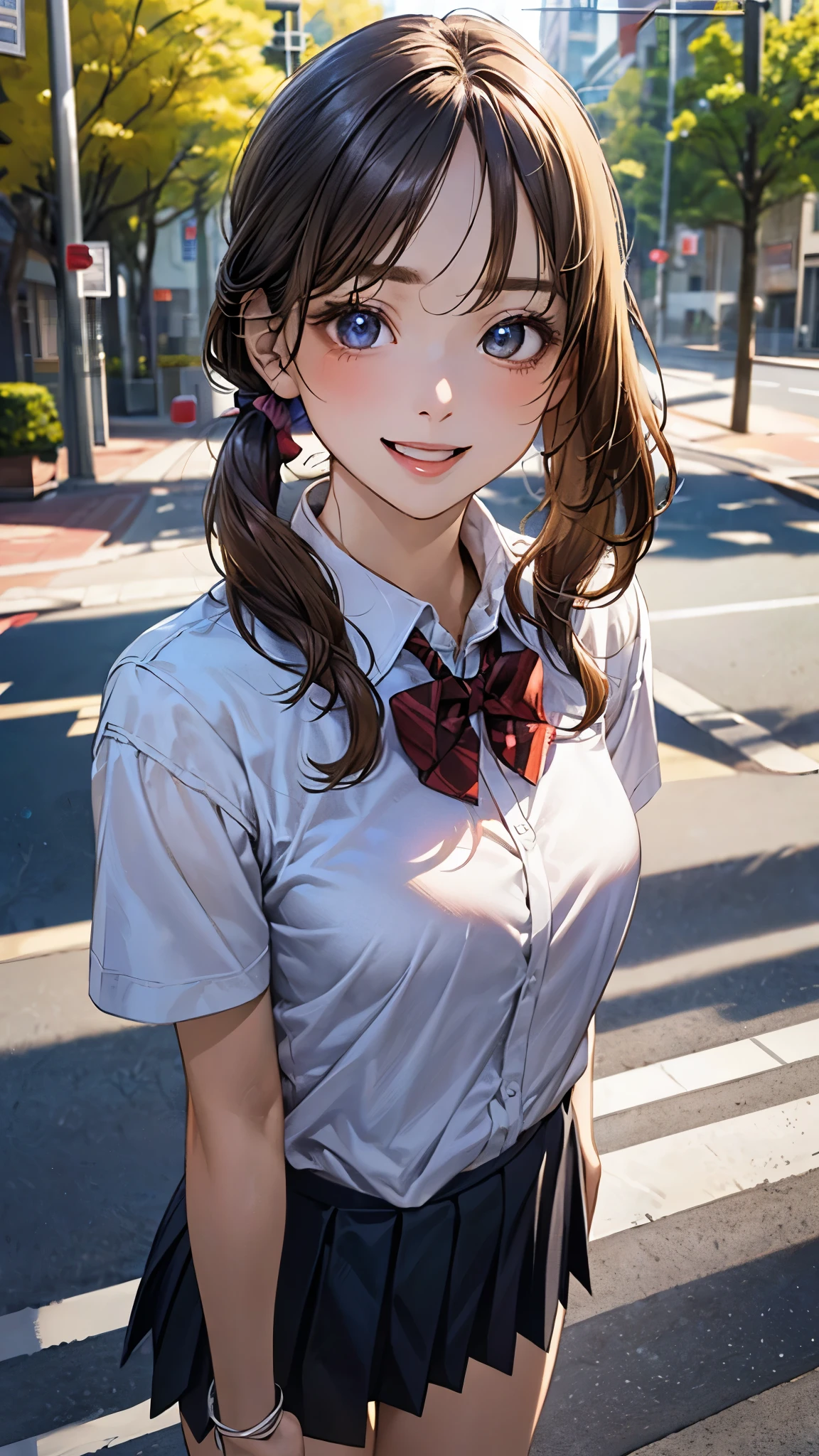 (masterpiece:1.2, top-quality), (realistic, photorealistic:1.4), beautiful illustration, (natural side lighting, movie lighting), depth of fields, 
looking at viewer, upper body, face close-up, front view, 1 girl, 10 years old, (perfect anatomy, anatomically correct, super detailed skin), cute and symmetrical face, perfect face, perfect eyes, 
(middle hair, side ponytail:1.5, light brown hair), swept bangs, blue eyes, big eyes, long eye lasher, (medium breasts, thigh), perfect body, shiny skin, 
beautiful detailed hair, beautiful detailed face, beautiful detailed eyes, beautiful clavicle, beautiful body, beautiful chest, beautiful thigh, beautiful legs, beautiful fingers, 
(detailed cloth texture, break short sleeve white collared shirt, break navy pleated skirt, break dark red bow tie), break 
(beautiful scenery), (tree-lined street:1.2), standing, hands between legs, (lovely smile, open mouth),