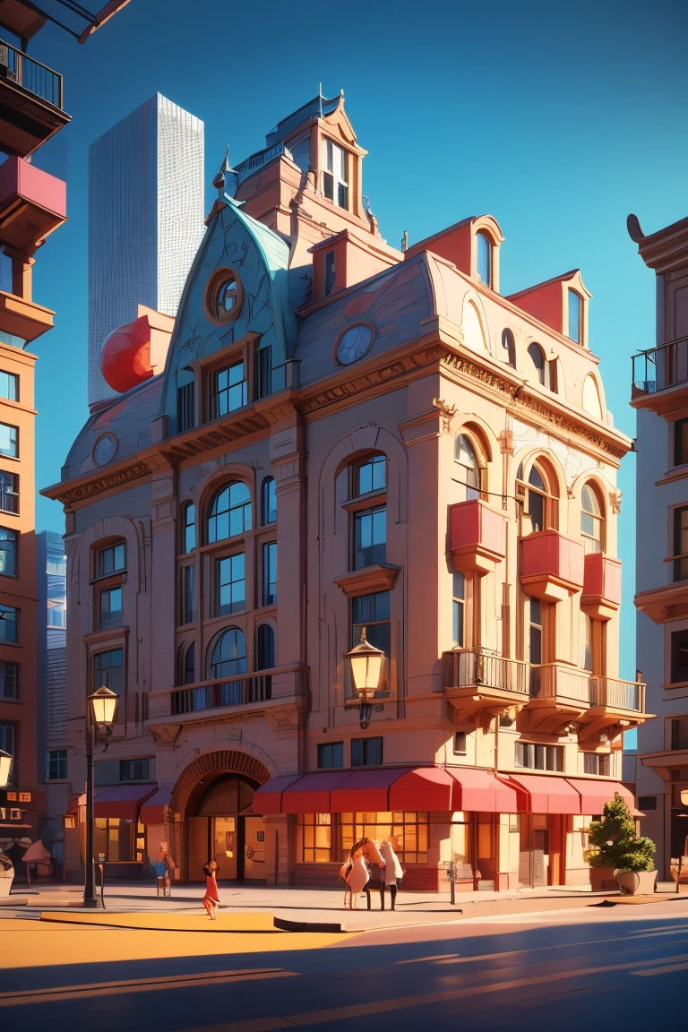 20-story modern city building with futuristic designer, ultra detail, very beautiful, masterpiece, for 3D animation scene , ultra realisitic, conceptual artwork, multiple angles, perspectives for 3D modeling, the same building in front and profile, animation studio pixar style, animation building , swirly vibrant colors, nice for ren