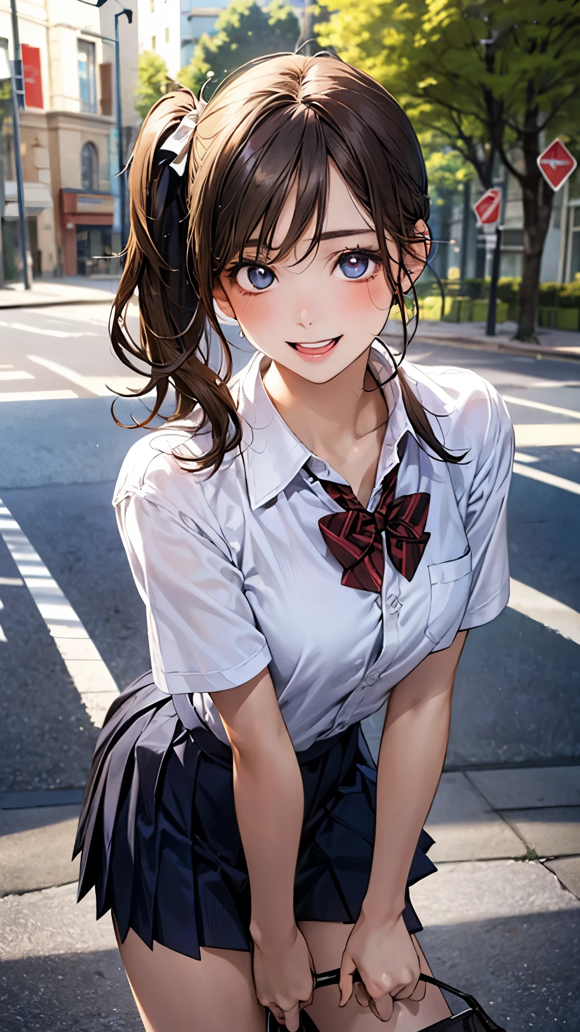 (masterpiece:1.2, top-quality), (realistic, photorealistic:1.4), beautiful illustration, (natural side lighting, movie lighting), depth of fields,
looking at viewer, upper body, face close-up, front view, 1 girl, 10 years old, (perfect anatomy, anatomically correct, super detailed skin), cute and symmetrical face, perfect face, perfect eyes,
(middle hair, side ponytail:1.5, light brown hair), swept bangs, blue eyes, big eyes, long eye lasher, (medium breasts, thigh), perfect body, shiny skin,
beautiful detailed hair, beautiful detailed face, beautiful detailed eyes, beautiful clavicle, beautiful body, beautiful chest, beautiful thigh, beautiful legs, beautiful fingers,
(detailed cloth texture, break short sleeve white collared shirt, break navy pleated skirt, break dark red bow tie), break
(beautiful scenery), (tree-lined street:1.2), standing, hands between legs, (lovely smile, open mouth),