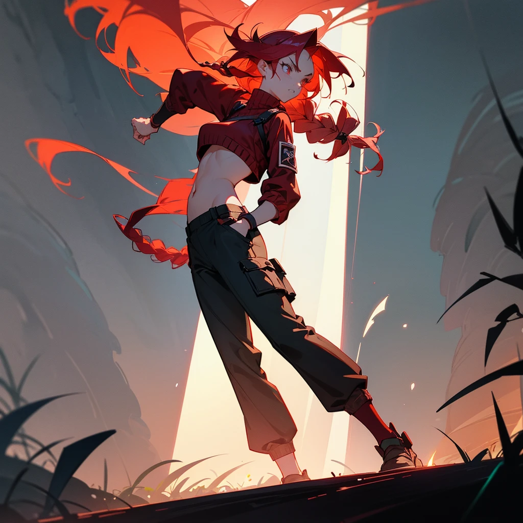 1female, sexy, young teen, finely detailed rose eyes, wild long hair, braided hair, fluorescent light red color hair, adventurer gear, crop top sweater, baggy combat pants, night time, dark forest, somber expression, angry, flowers, standing on path, lanturns, black armband