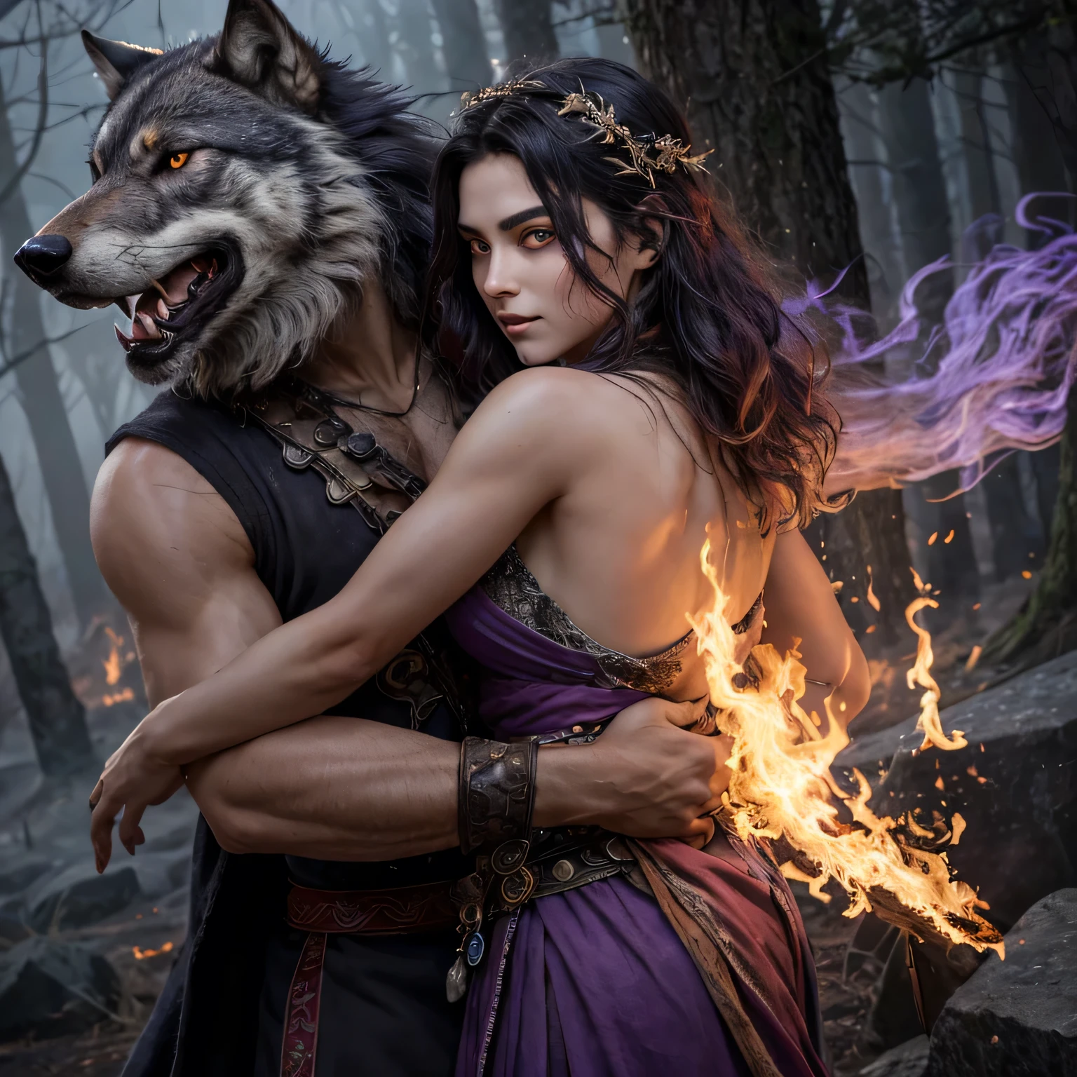 masterpiece, high quality, great detail of clothing and face, purple fog, beautiful ancient greek huntress, who commands a flock of wolves and ravens, with wild wild hair, burning wild eyes, in magical mystical clothes with amulets, she is tenderly hugged by a male werewolf, his eyes burn with red fire, the wolf's ears move on the top of his head, fur stands on end, against the backdrop of moonlight in the forest, Deep rich colors, complex parts, style of fantasy artists Carn Griffiths and Charles Vess
