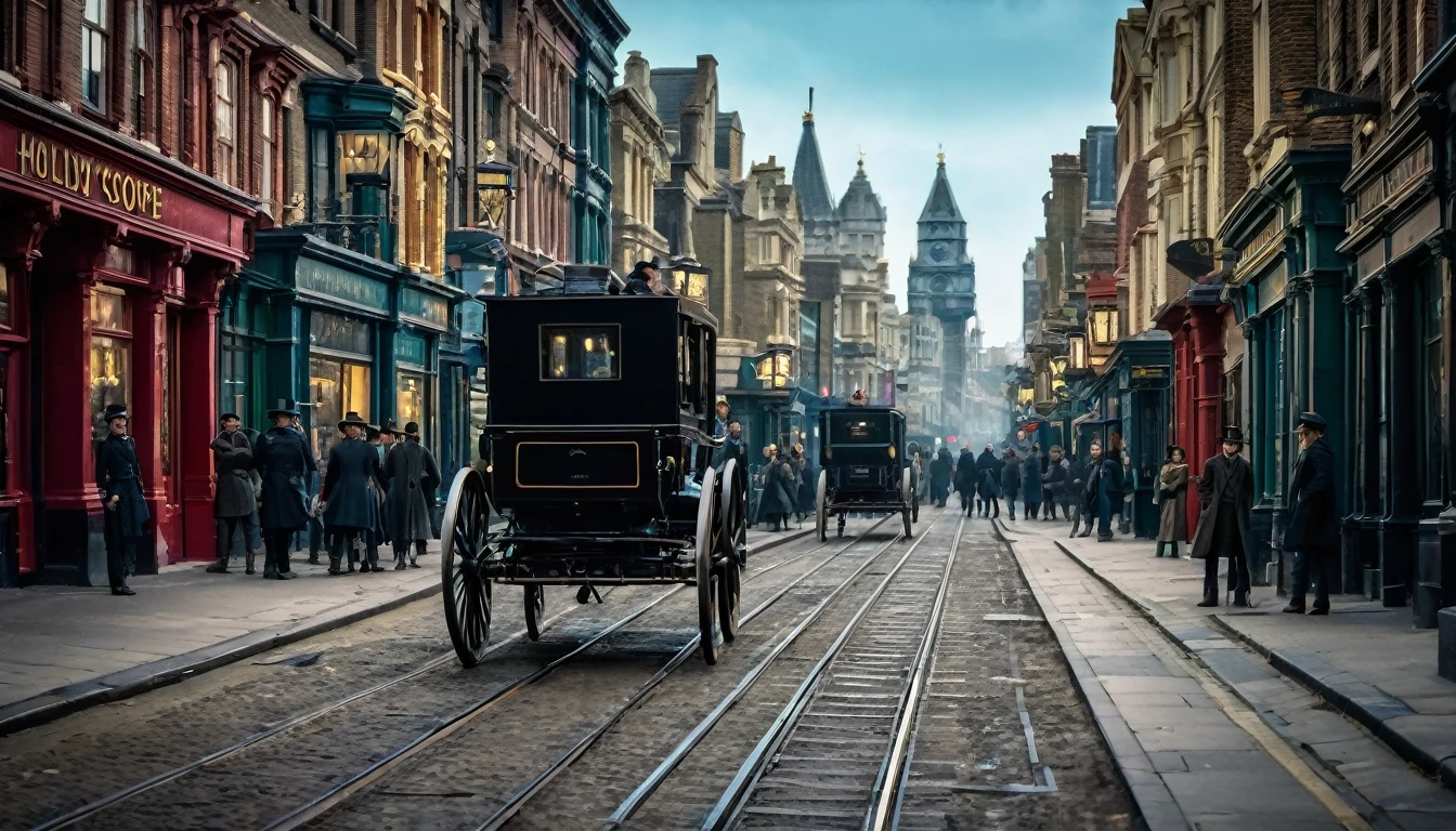(((London 1889))); shallow depth of field, highly detailed, high budget Hollywood film, bokeh, cinemascope, epic, gorgeous, film grain; "(Best Quality,High resolution); (bright and intense colors:1.1),(realist:1.1) graphic art style,Frightening