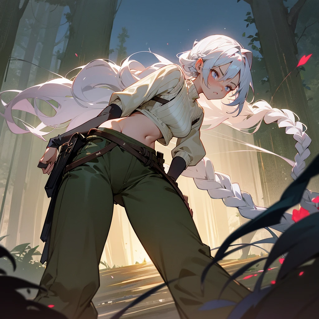 1female, sexy, young teen, finely detailed rose eyes, wild long hair, braided hair, white color hair, adventurer gear, crop top sweater, baggy combat pants, night time, dark forest, somber expression, angry, flowers, standing on path, lanturns, black armband