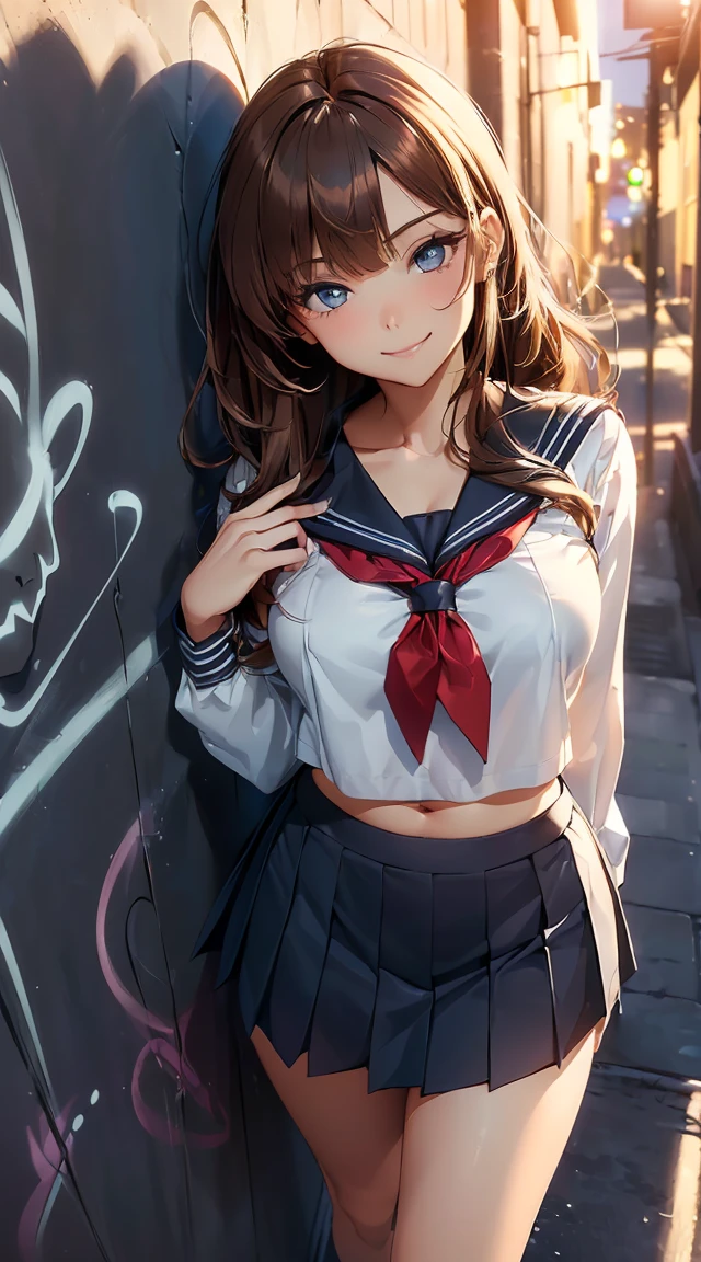 ​masterpiece, top-quality, the Extremely Detailed CG Unity 8K Wallpapers, Ultra-realistic 8kCG, erfect artwork, The perfect female figure, Dramatic shadows, (spot light, Perfect litthing, Detailed light, (((1girl in))), ((Sharp face)), ((Brown hair, waved hair)), (((sexypose))), Model body type, Navel is visible, Ultra , ((cute  face)), (gently smiling: 1.2), (asymmetrical bangs, beautiful eyelashes), Beautiful face, (beautiful  line:1.2), (cleavage), beautiful a girl, Exquisite facial features depicting the perfect face, Cold, Naturally beautiful, Sweating, slenderbody, Light and beautiful thigh expression, hi-school girl, high-school uniform, a sailor suit, pleatedskirt, Loose Socks, In front of a wall full of graffiti, Night, (((Leaning on the wall, is standing))), awardwinning photo, detaile, realistic light and shadow, 8K resolution, Professional Lighting, (glistning skin:0.9), perfect hand,