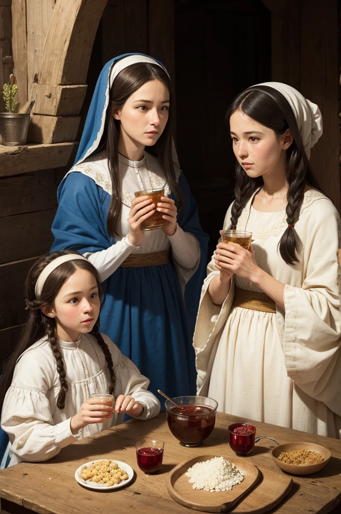 Mary and Elizabeth from the bible, drinking hominy