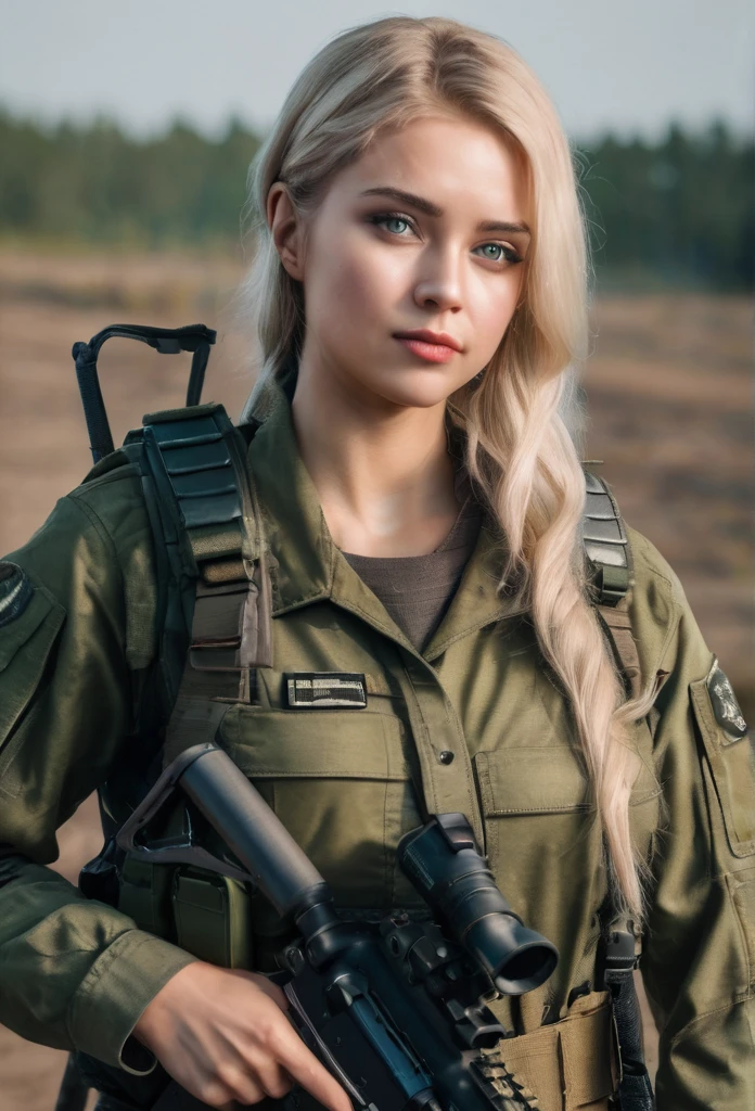 A young woman with blonde hair and green eyes, dressed in military attire, posing for a photo shoot holding a rifle outdoors, uma reminiscência de Call of Duty e Escape from Tarkov's Private Military Company (PMC), on the right arm, there is volumetric lighting, soft glow, Depth of field, highly detailed photograph, low-contrast, pastel colours, como Kodak Portra 400, in 8k resolution, gazing at viewer, perfect hands, war zone background