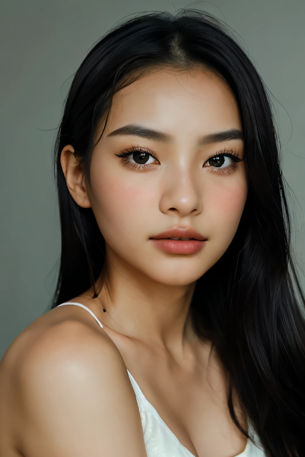 Photorealistic, ultra-detailed, Korean beauty, portrait photo, Solo, gazing into the camera, sitting down, simple minimalistic background, soft evening light, monochromatic color scheme, flawless skin, perfect complexion, black long hair with a subtle shine, ping cherry lips, twenty-three years old, expressive eyes, striking gaze, professional, 4k, crisp focus, captivating expression, shot on Nikon, 50mm, shallow depth of field, black and white, tears of ink effect, natural beauty, realistic, post-processing, maximum detail, flawlessness, ultra realistic, photorealism, photography, 8k UHD, photography
