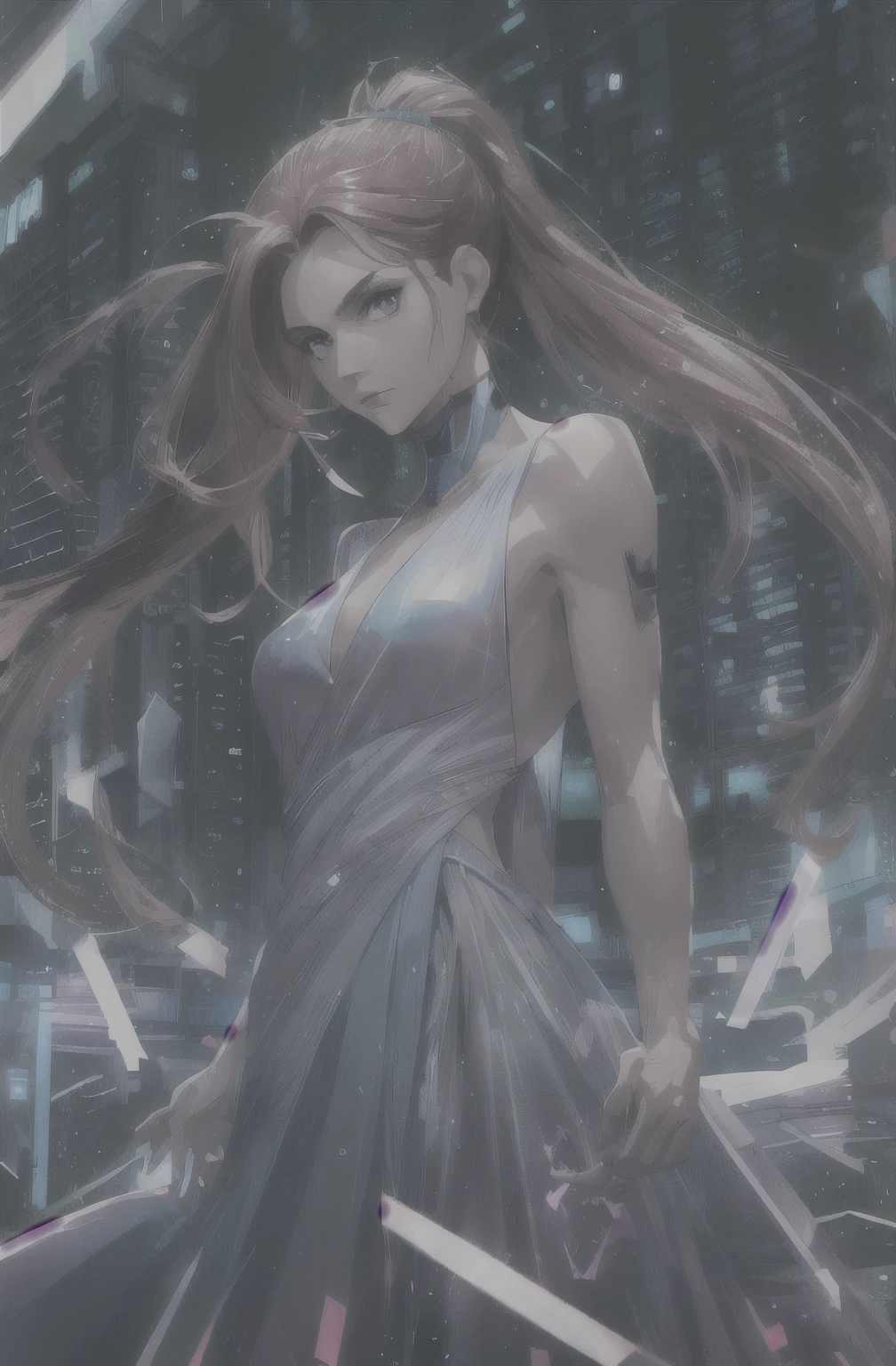 best quality, masterpiece, upper body,
(adult:1.6) ukrainian woman, Laura Bailey, (smirk:0.4), arms behind back,
ponytail auburn hair,
aquamarine eyes,
cyberpunk see-through open gown,
windy, floating light particles, centered, 