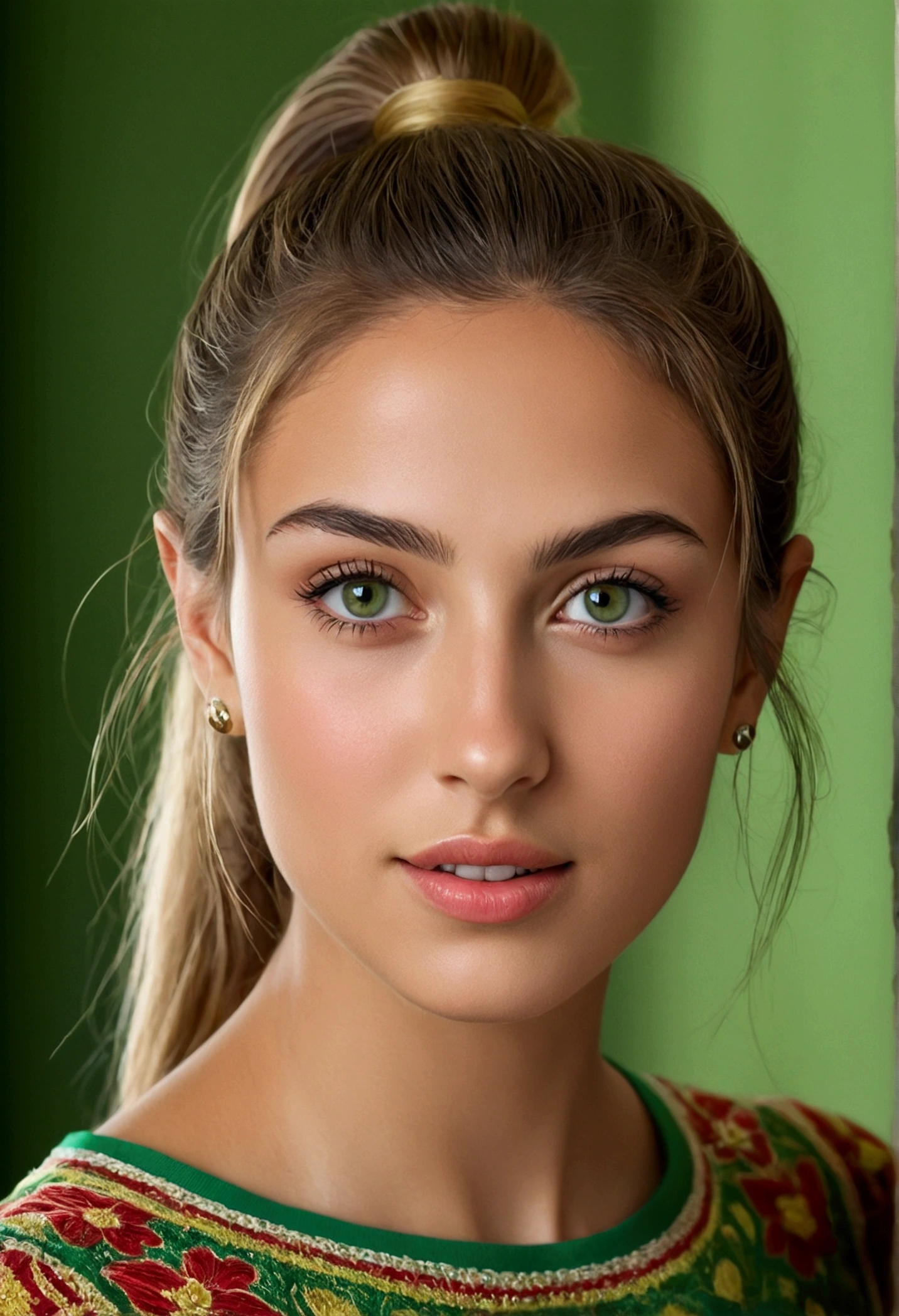 Highest quality, masterpiece, (Realistic: 1.2), 20 year old italian woman, Healthy Body, Modern Style, Inside the room, Detailed face, Detailed eyes, Sitting, Green Eyes, Thin lips, High Ponytail, Happy expression, Detailed skin, (View your viewers, dramatic, Vibrant, Sharp focus, 50mm, 1 1 1.2, EOS-1D X Mark II Elfie)