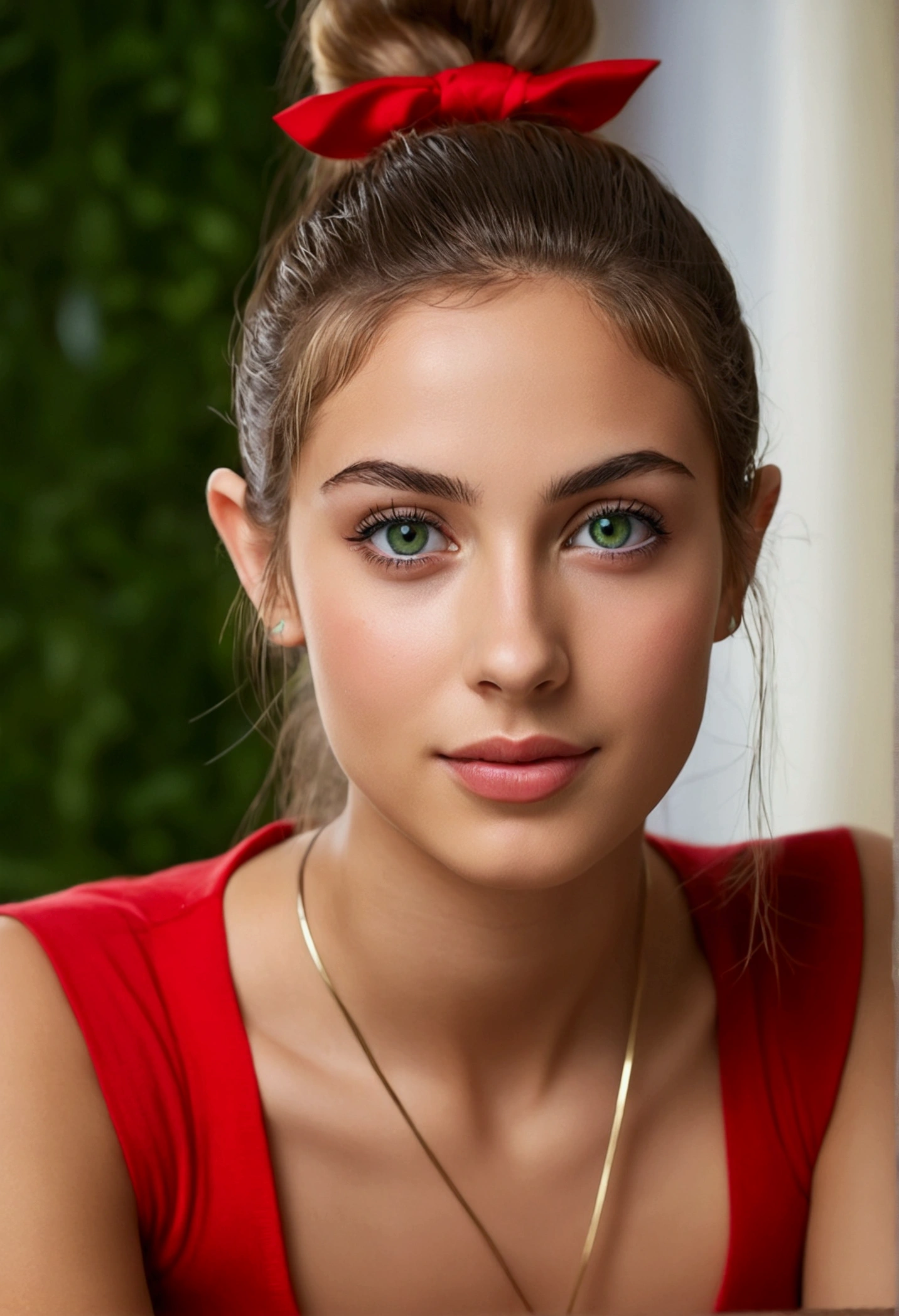 Highest quality, masterpiece, (Realistic: 1.2), 20 year old italian woman, Healthy Body, Modern Style, Inside the room, Detailed face, Detailed eyes, Sitting, Green Eyes, Thin lips, High Ponytail, Happy expression, Detailed skin, (View your viewers, dramatic, Vibrant, Sharp focus, 50mm, 1 1 1.2, EOS-1D X Mark II Elfie)