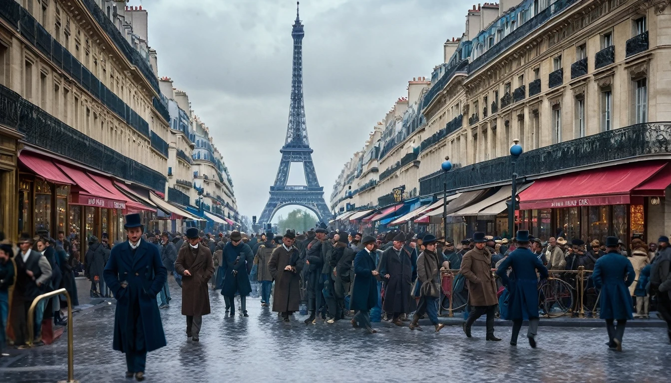 Soldados Machando Champs Élysées ((Paris 1889))); shallow depth of field, highly detailed, high budget Hollywood film, bokeh, cinemascope, epic, gorgeous, film grain; "(Best Quality,High resolution); (bright and intense colors:1.1),(realist:1.1) graphic art style,Frightening