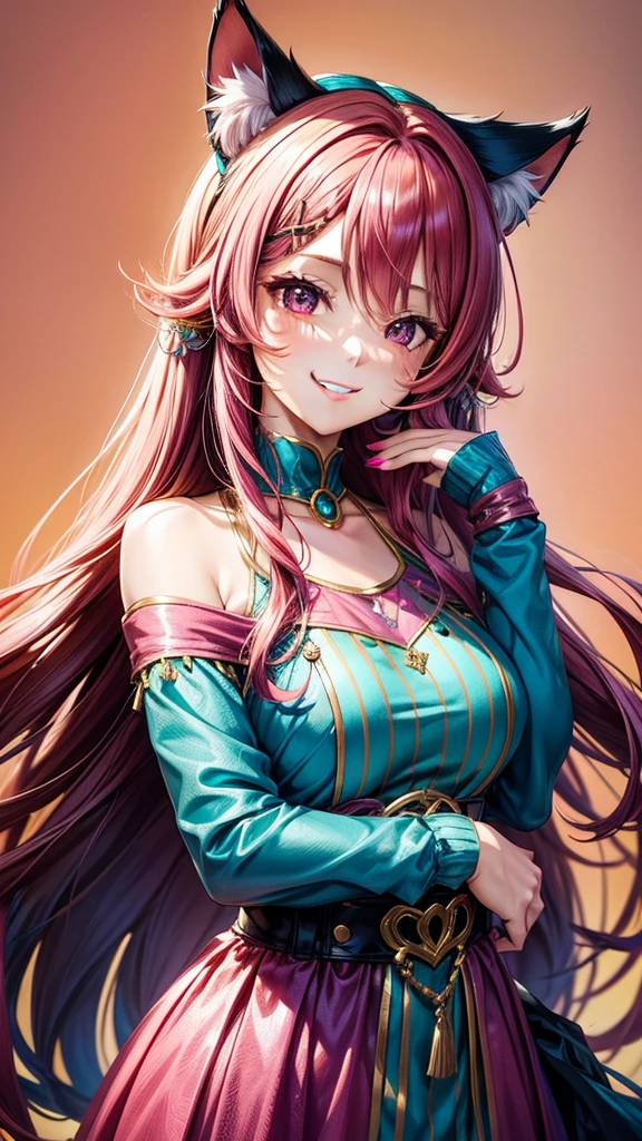 Magenta pink hair, brown eyes, older woman, hair ornaments, cat ears, long hair, smiling face, teal and gold outfit, pretty background, sexy, fashion