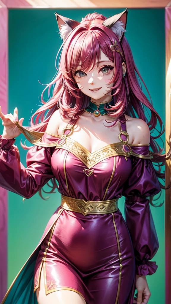 Magenta pink hair, brown eyes, older woman, hair ornaments, cat ears, long hair, smiling face, teal and gold outfit, pretty background, sexy, fashion