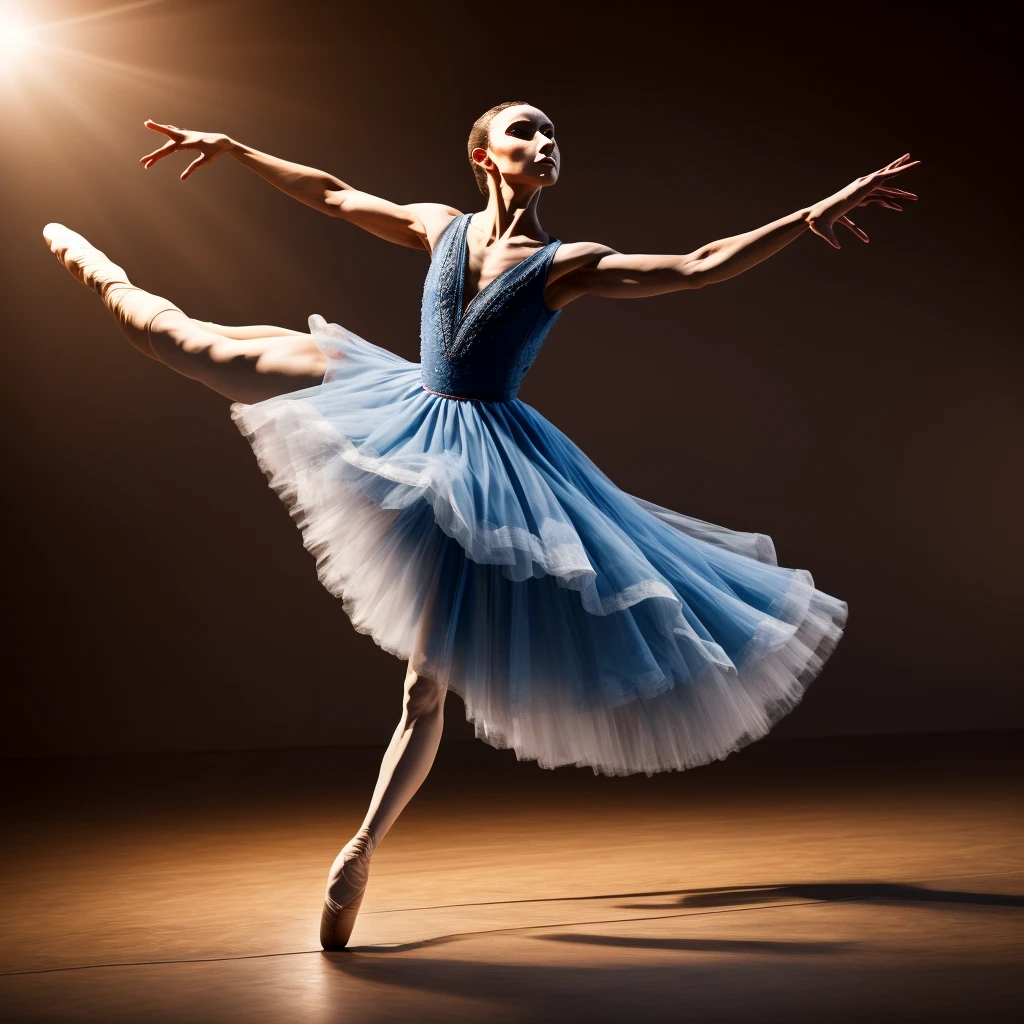 A beautiful elegant female dancer, delicate intricate ballet dancer, graceful flowing movements, pirouetting on stage, long flowing dress, dramatic lighting, cinematic camera angle, hyperrealistic, 8k, high resolution, masterpiece, cinematic, dramatic colors, chiaroscuro lighting