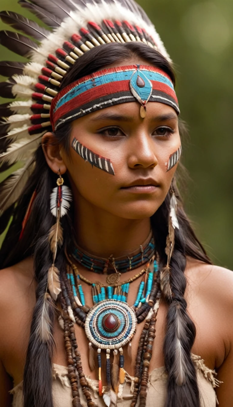 realistic photo of girl (native american) has long hair, dark skin, feathers, hair ornament, jewelry, necklace, tribal, headdress, armlet, facepaint, bracelet, imersive background, , realistic photo, otion blur, ray tracing, wide shot, low angle, raw photo, hdr, film grain, 8k, super detail, ccurate, best quality
