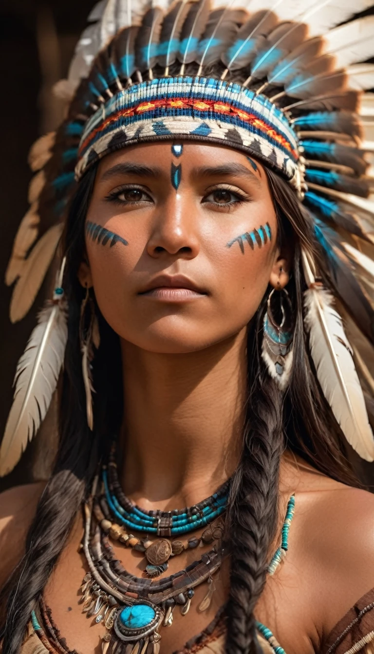 realistic photo of girl (native american) has long hair, dark skin, feathers, hair ornament, jewelry, necklace, tribal, headdress, armlet, facepaint, bracelet, imersive background, , realistic photo, otion blur, ray tracing, wide shot, low angle, raw photo, hdr, film grain, 8k, super detail, ccurate, best quality